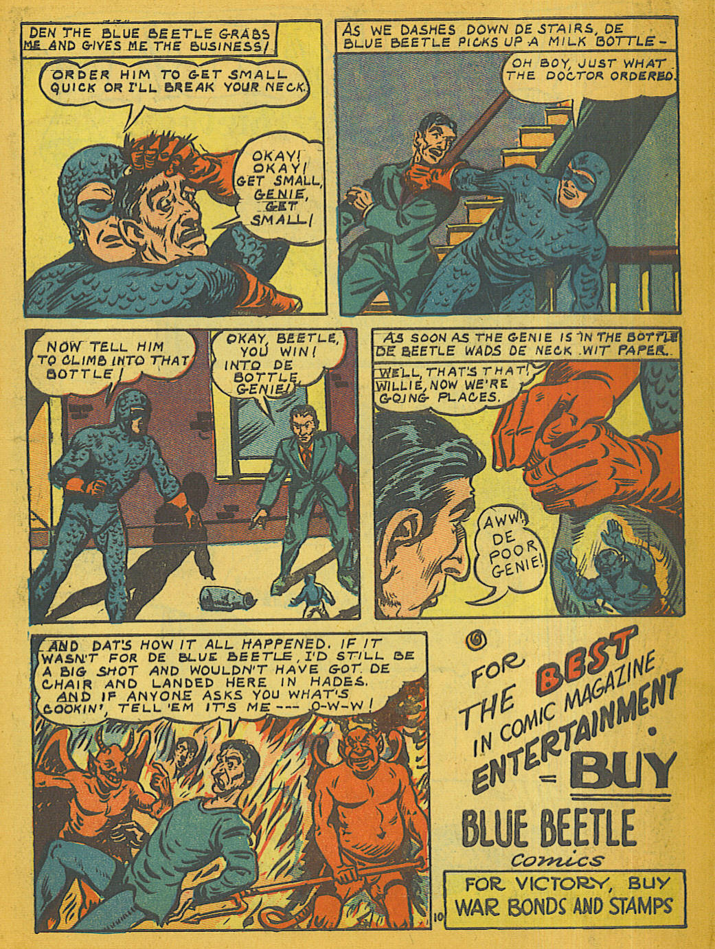 Blue Beetle (Fox / Dan Garrett), page 11. Blue Beetle (Dan Garrett). Public domain in the United States for Fox/Holyoke-era issues. Not Charlton or DC. Internet Archive folkscanomy scans used when Comic Book Plus returns 403.