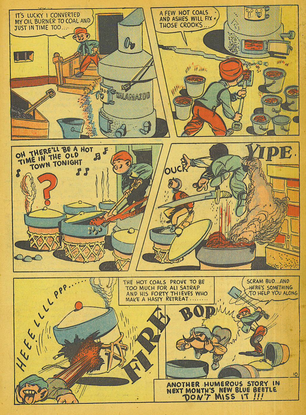 Blue Beetle (Fox / Dan Garrett), page 21. Blue Beetle (Dan Garrett). Public domain in the United States for Fox/Holyoke-era issues. Not Charlton or DC. Internet Archive folkscanomy scans used when Comic Book Plus returns 403.