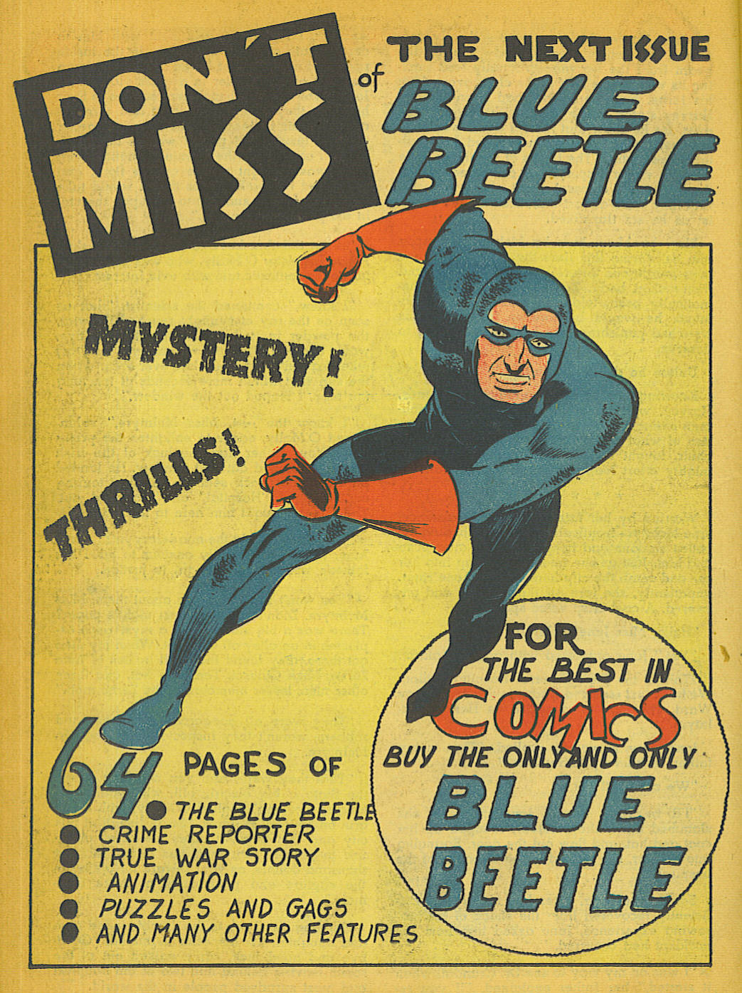 Blue Beetle (Fox / Dan Garrett), page 24. Blue Beetle (Dan Garrett). Public domain in the United States for Fox/Holyoke-era issues. Not Charlton or DC. Internet Archive folkscanomy scans used when Comic Book Plus returns 403.