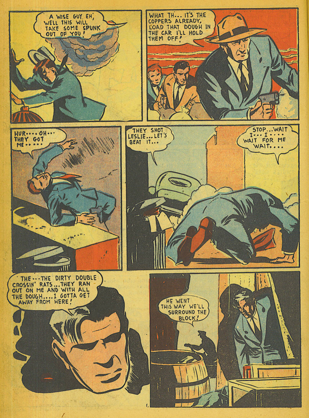 Blue Beetle (Fox / Dan Garrett), page 28. Blue Beetle (Dan Garrett). Public domain in the United States for Fox/Holyoke-era issues. Not Charlton or DC. Internet Archive folkscanomy scans used when Comic Book Plus returns 403.