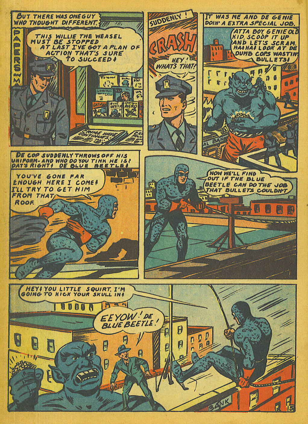 Blue Beetle (Fox / Dan Garrett), page 6. Blue Beetle (Dan Garrett). Public domain in the United States for Fox/Holyoke-era issues. Not Charlton or DC. Internet Archive folkscanomy scans used when Comic Book Plus returns 403.