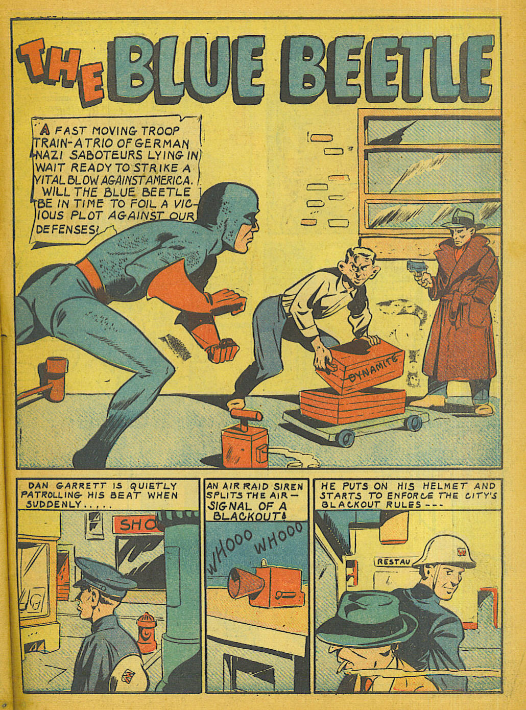 Blue Beetle (Fox / Dan Garrett), page 57. Blue Beetle (Dan Garrett). Public domain in the United States for Fox/Holyoke-era issues. Not Charlton or DC. Internet Archive folkscanomy scans used when Comic Book Plus returns 403.