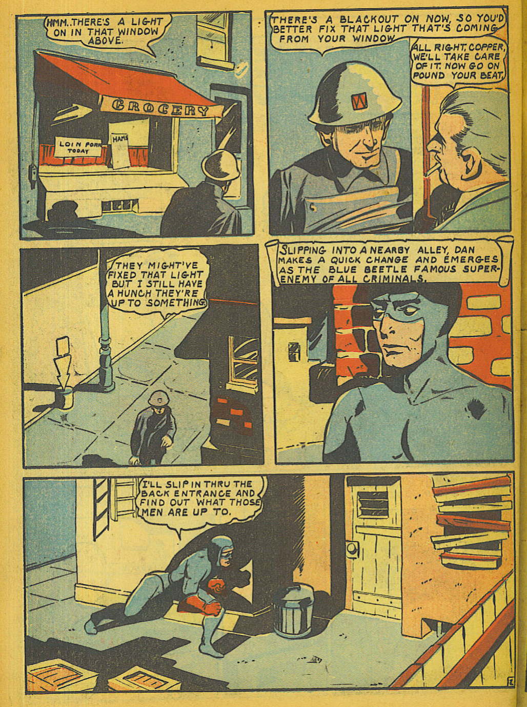 Blue Beetle (Fox / Dan Garrett), page 58. Blue Beetle (Dan Garrett). Public domain in the United States for Fox/Holyoke-era issues. Not Charlton or DC. Internet Archive folkscanomy scans used when Comic Book Plus returns 403.