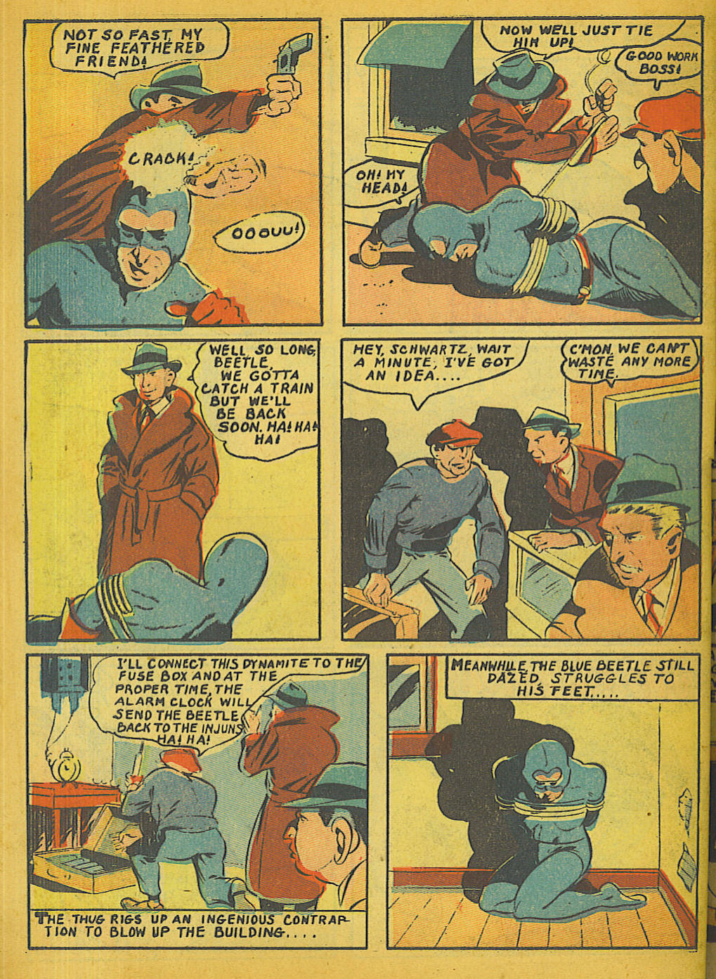 Blue Beetle (Fox / Dan Garrett), page 60. Blue Beetle (Dan Garrett). Public domain in the United States for Fox/Holyoke-era issues. Not Charlton or DC. Internet Archive folkscanomy scans used when Comic Book Plus returns 403.