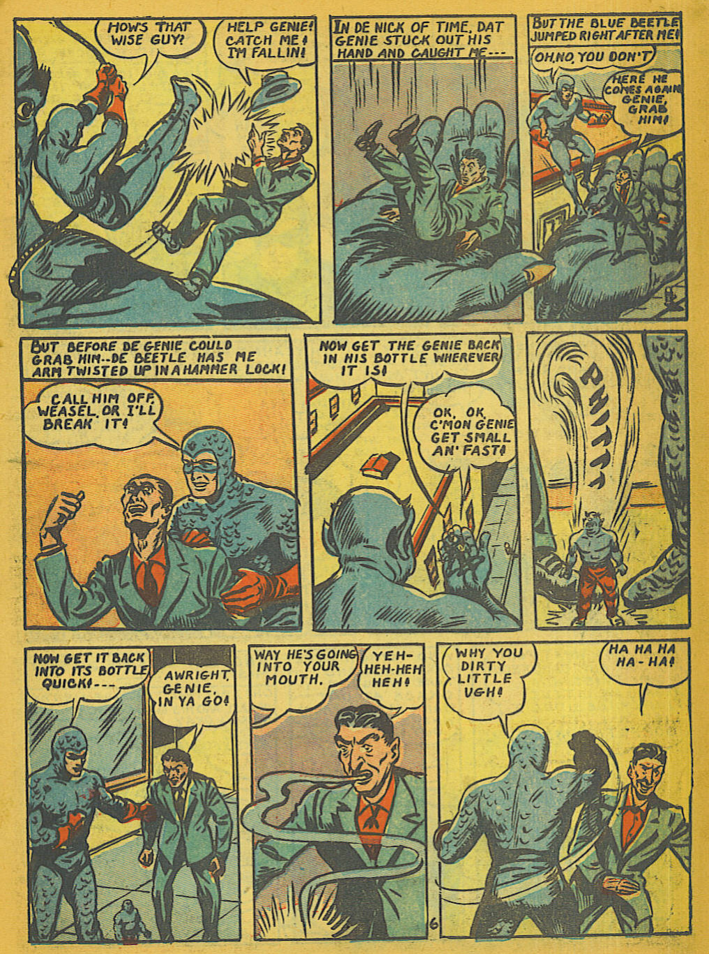 Blue Beetle (Fox / Dan Garrett), page 7. Blue Beetle (Dan Garrett). Public domain in the United States for Fox/Holyoke-era issues. Not Charlton or DC. Internet Archive folkscanomy scans used when Comic Book Plus returns 403.