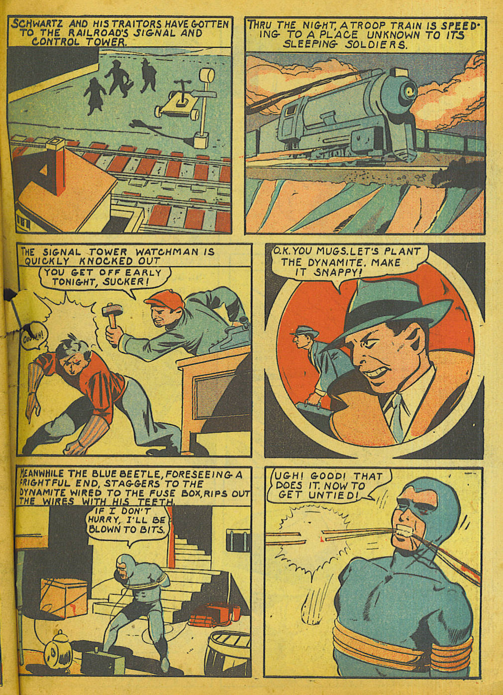Blue Beetle (Fox / Dan Garrett), page 61. Blue Beetle (Dan Garrett). Public domain in the United States for Fox/Holyoke-era issues. Not Charlton or DC. Internet Archive folkscanomy scans used when Comic Book Plus returns 403.