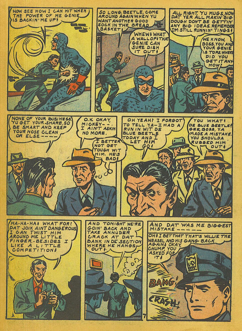 Blue Beetle (Fox / Dan Garrett), page 8. Blue Beetle (Dan Garrett). Public domain in the United States for Fox/Holyoke-era issues. Not Charlton or DC. Internet Archive folkscanomy scans used when Comic Book Plus returns 403.