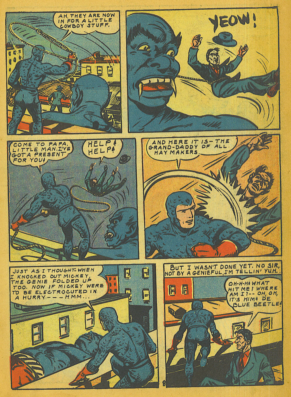 Blue Beetle (Fox / Dan Garrett), page 9. Blue Beetle (Dan Garrett). Public domain in the United States for Fox/Holyoke-era issues. Not Charlton or DC. Internet Archive folkscanomy scans used when Comic Book Plus returns 403.
