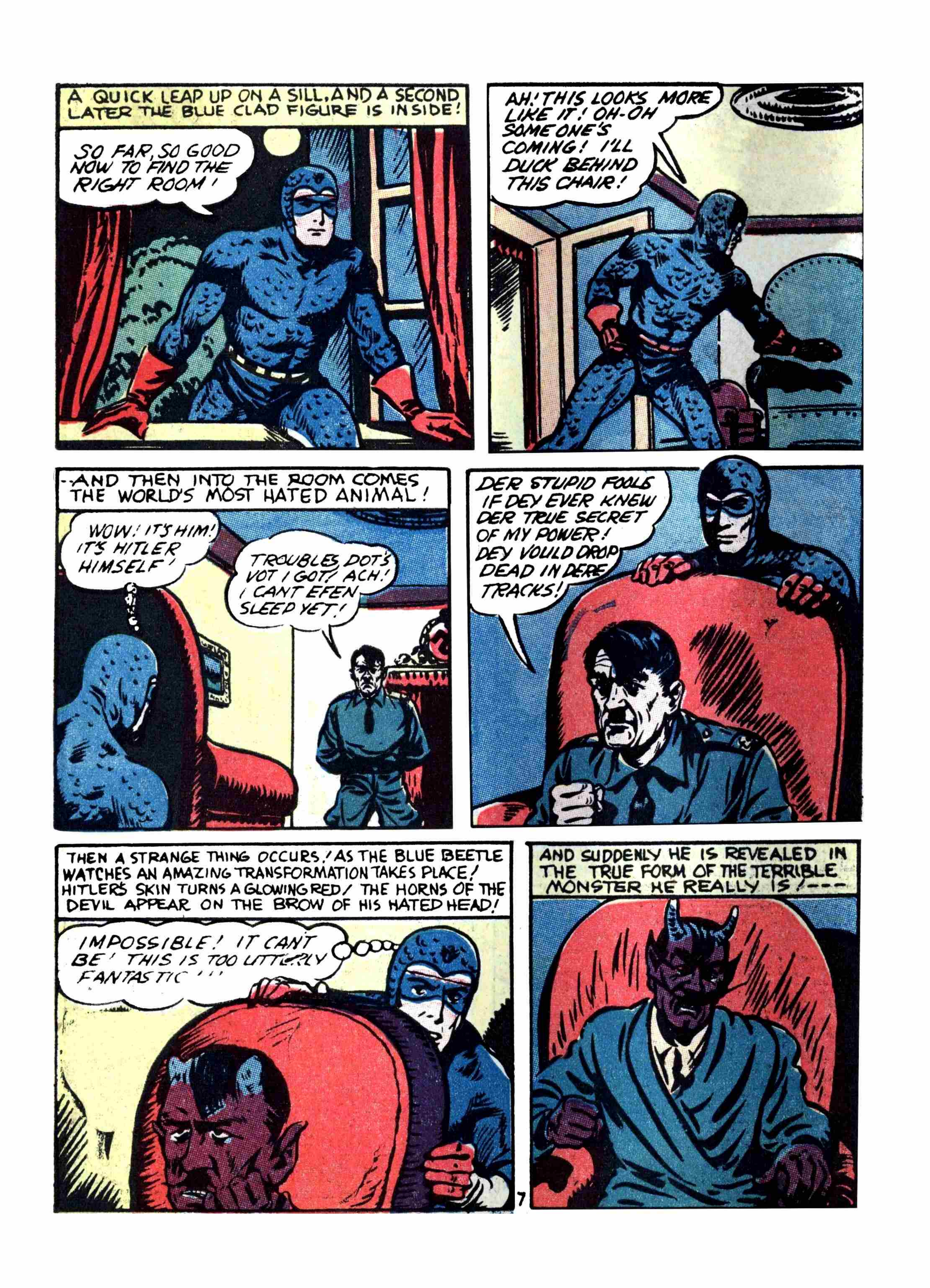 Blue Beetle (Fox / Dan Garrett), page 11. Blue Beetle (Dan Garrett). Public domain in the United States for Fox/Holyoke-era issues. Not Charlton or DC. Internet Archive folkscanomy scans used when Comic Book Plus returns 403.