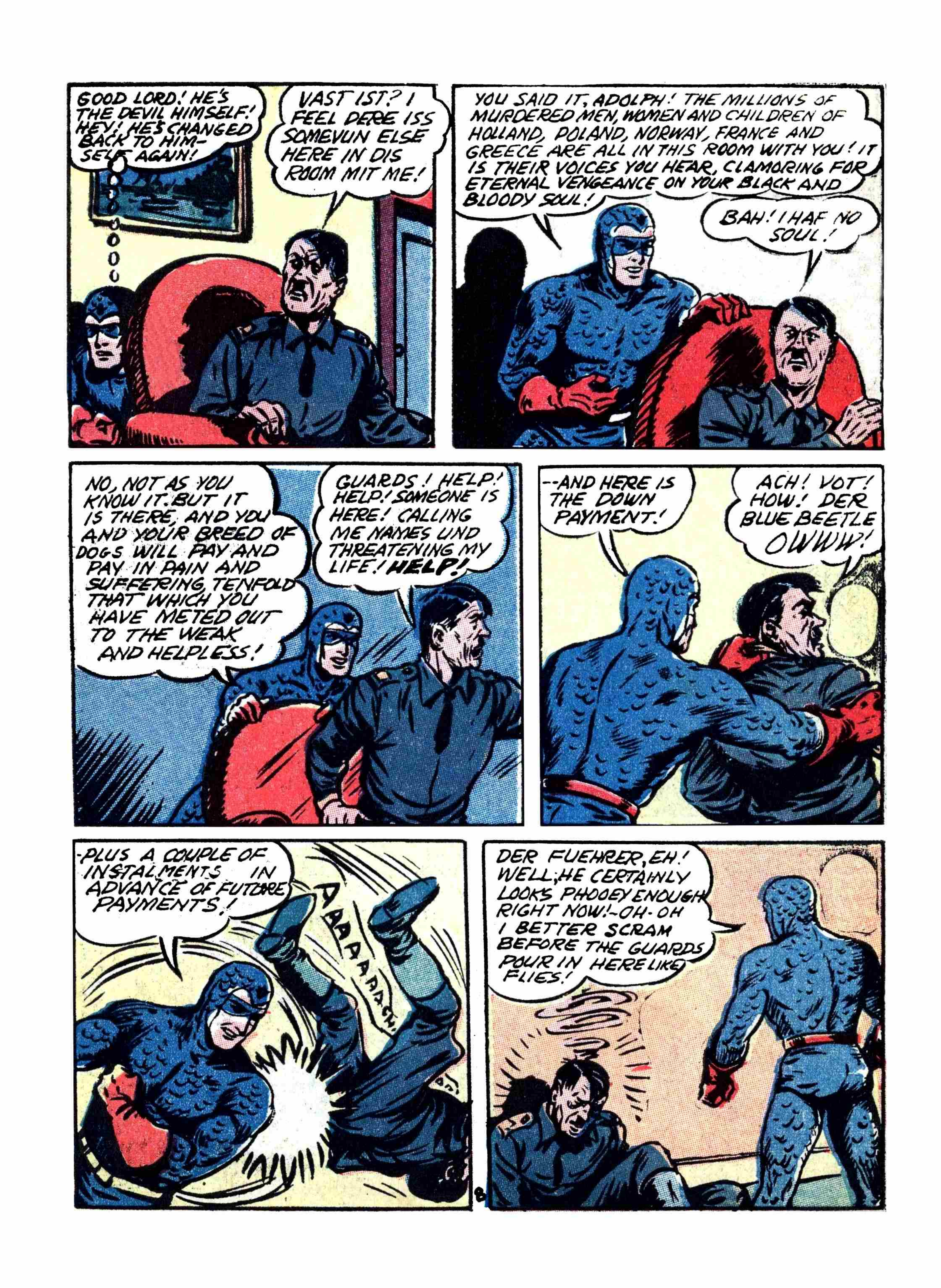 Blue Beetle (Fox / Dan Garrett), page 12. Blue Beetle (Dan Garrett). Public domain in the United States for Fox/Holyoke-era issues. Not Charlton or DC. Internet Archive folkscanomy scans used when Comic Book Plus returns 403.