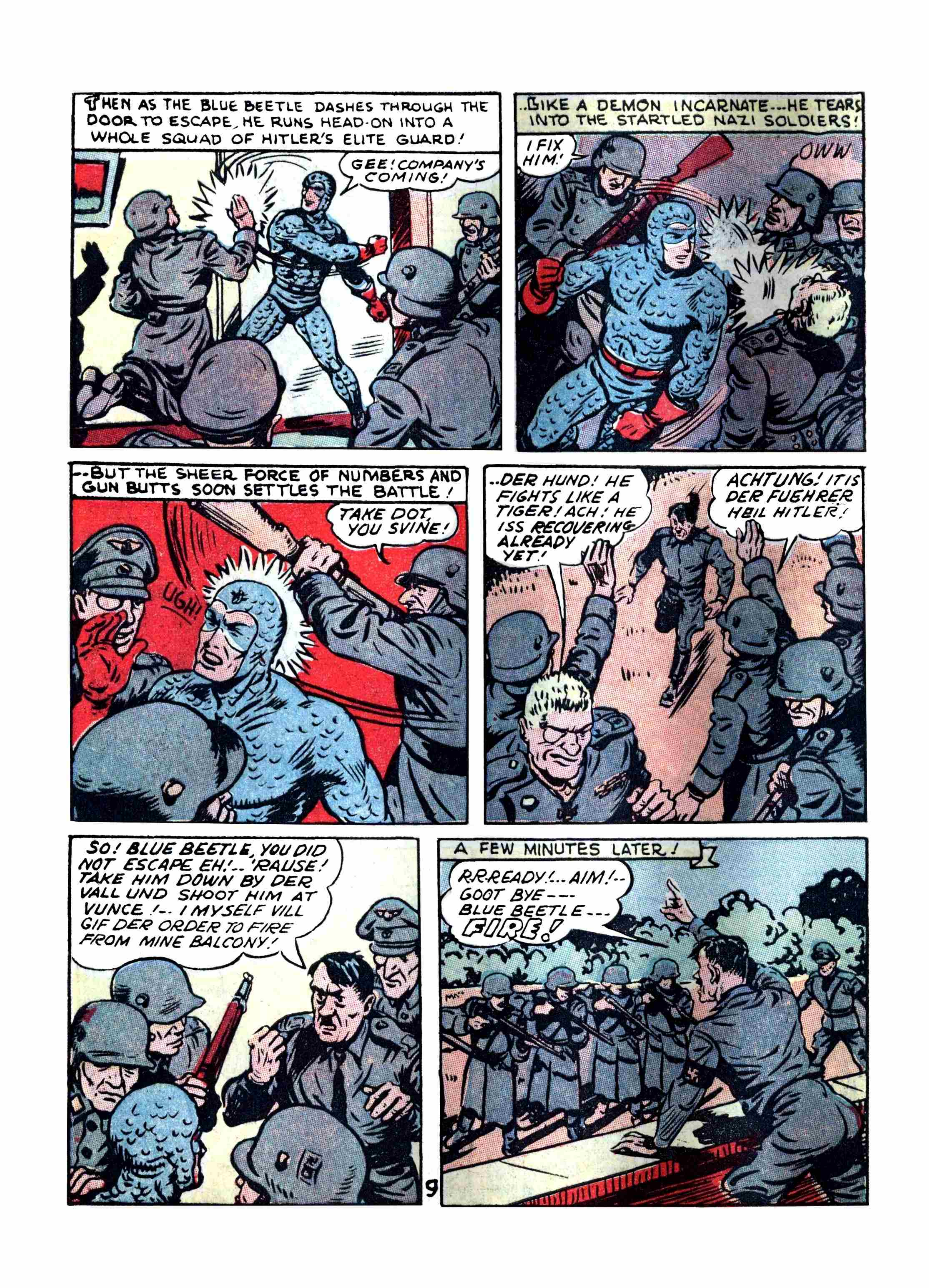 Blue Beetle (Fox / Dan Garrett), page 13. Blue Beetle (Dan Garrett). Public domain in the United States for Fox/Holyoke-era issues. Not Charlton or DC. Internet Archive folkscanomy scans used when Comic Book Plus returns 403.