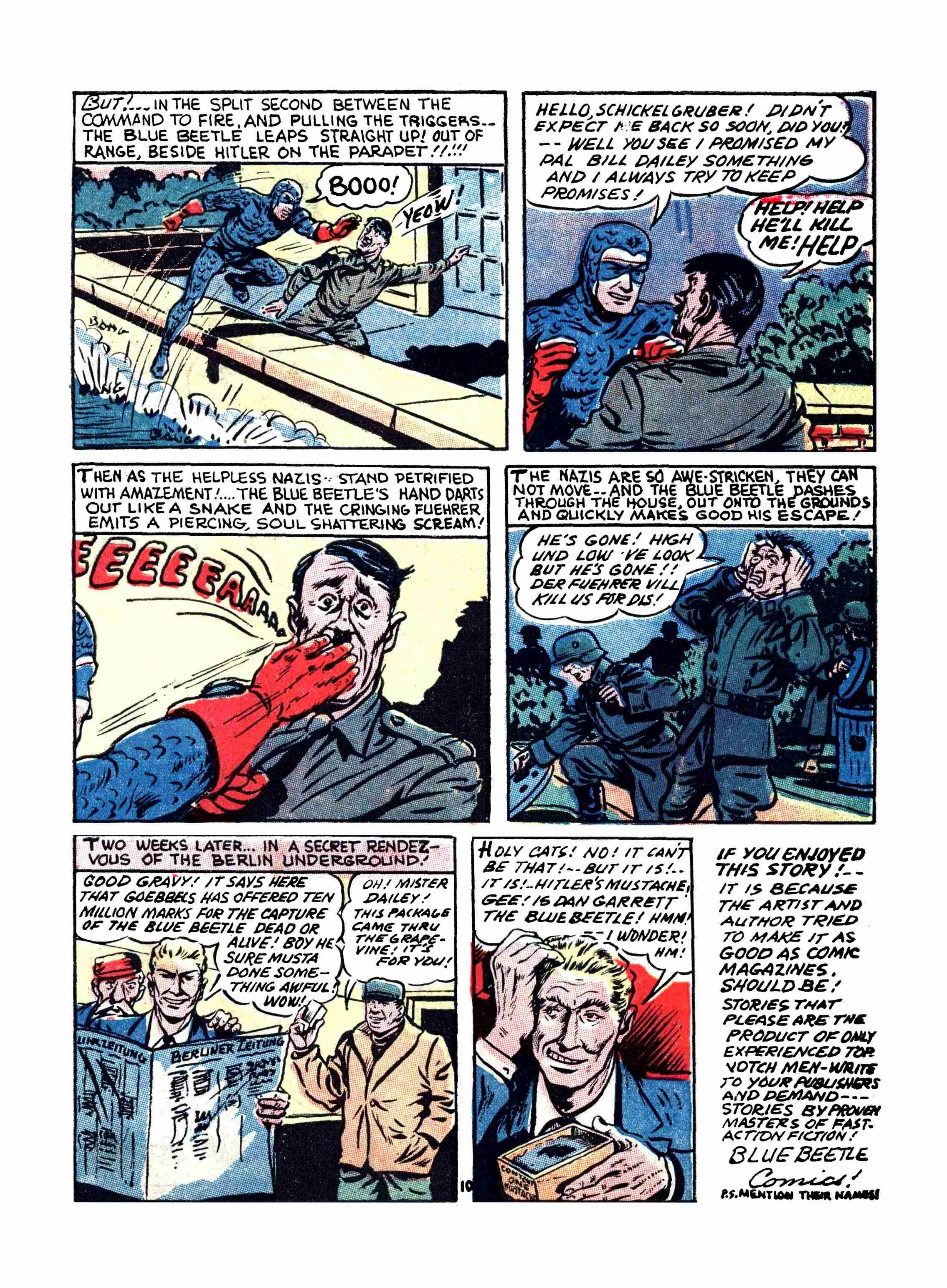 Blue Beetle (Fox / Dan Garrett), page 14. Blue Beetle (Dan Garrett). Public domain in the United States for Fox/Holyoke-era issues. Not Charlton or DC. Internet Archive folkscanomy scans used when Comic Book Plus returns 403.