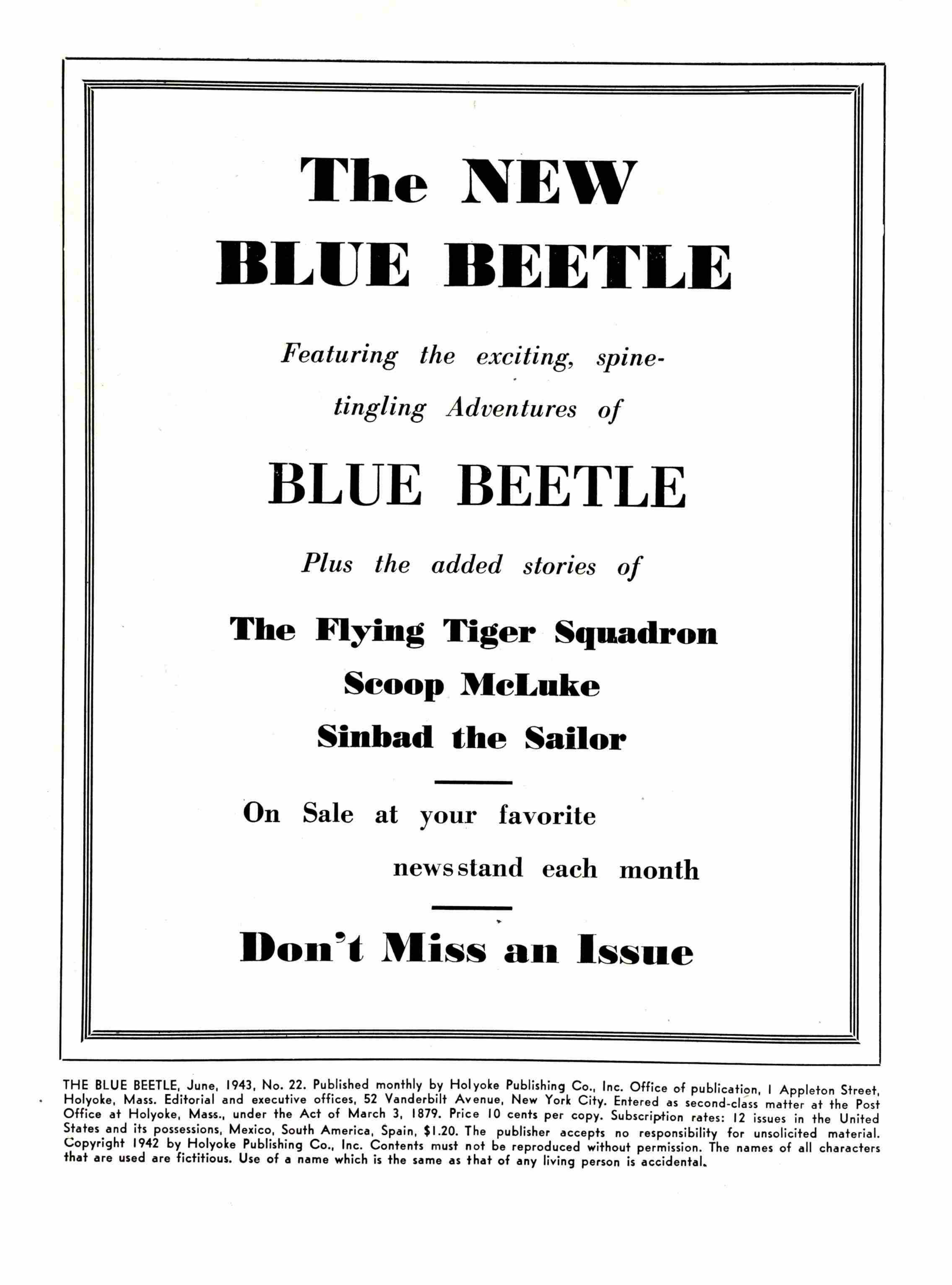 Blue Beetle (Fox / Dan Garrett), page 3. Blue Beetle (Dan Garrett). Public domain in the United States for Fox/Holyoke-era issues. Not Charlton or DC. Internet Archive folkscanomy scans used when Comic Book Plus returns 403.