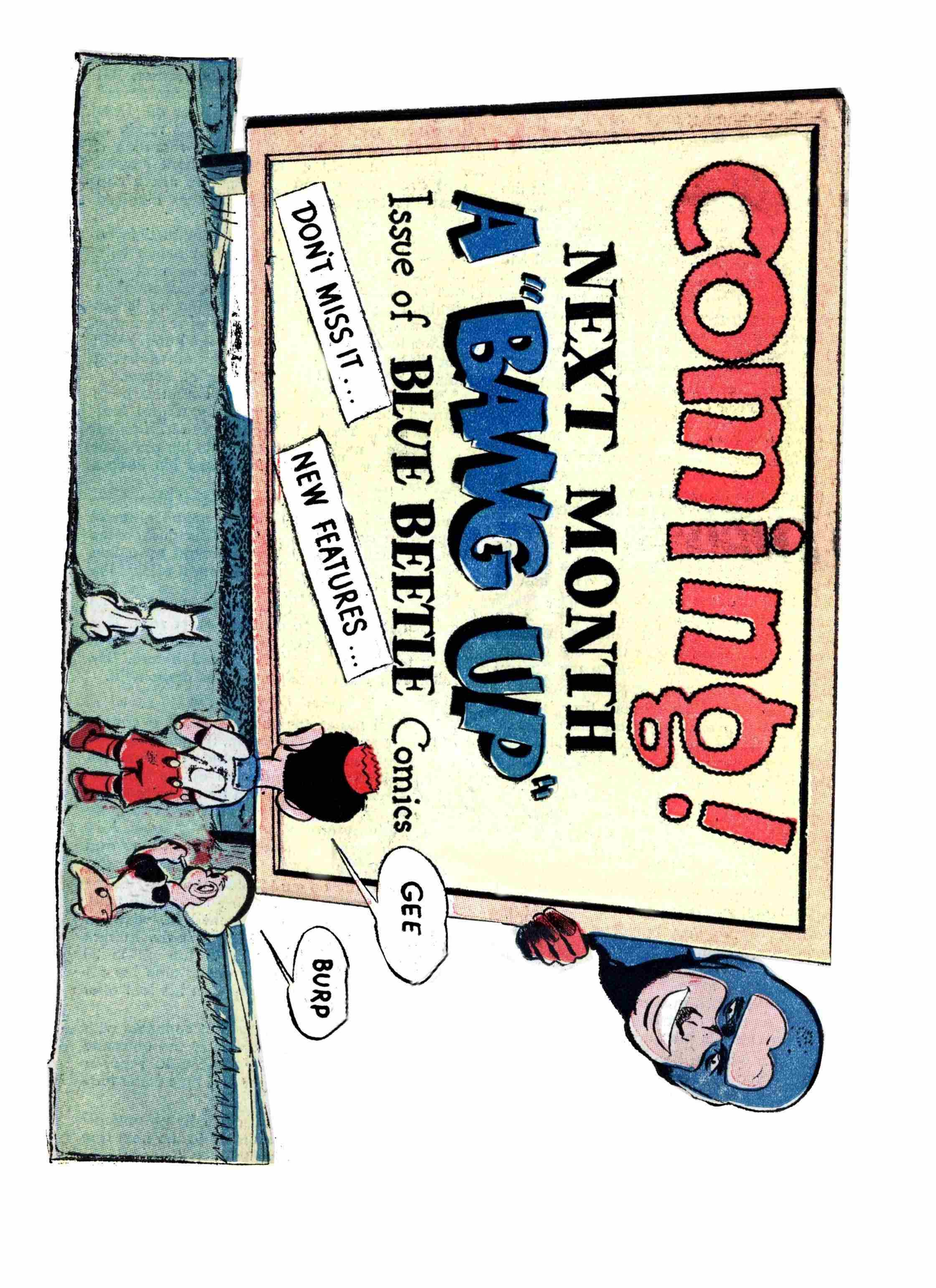 Blue Beetle (Fox / Dan Garrett), page 27. Blue Beetle (Dan Garrett). Public domain in the United States for Fox/Holyoke-era issues. Not Charlton or DC. Internet Archive folkscanomy scans used when Comic Book Plus returns 403.