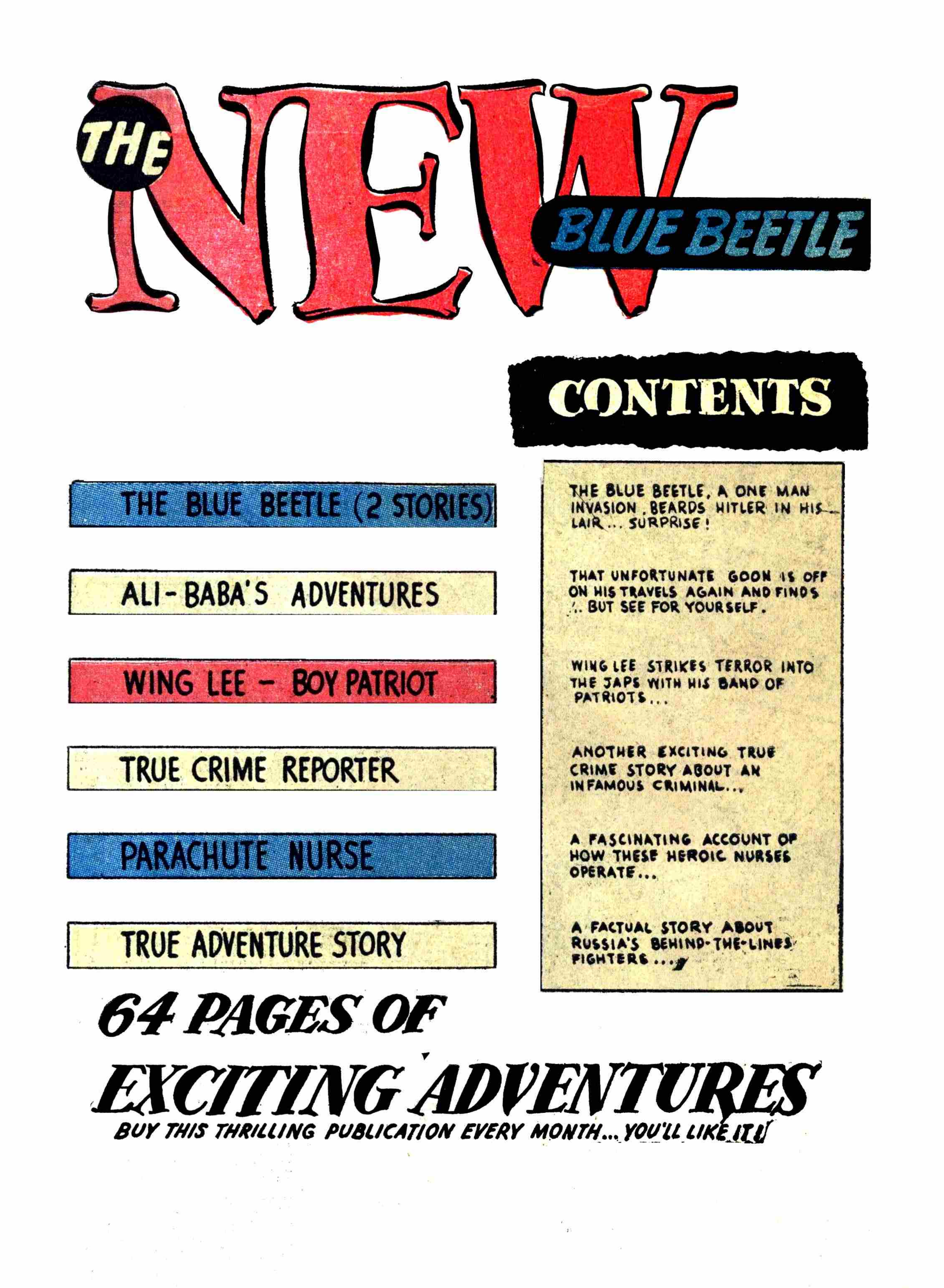 Blue Beetle (Fox / Dan Garrett), page 4. Blue Beetle (Dan Garrett). Public domain in the United States for Fox/Holyoke-era issues. Not Charlton or DC. Internet Archive folkscanomy scans used when Comic Book Plus returns 403.
