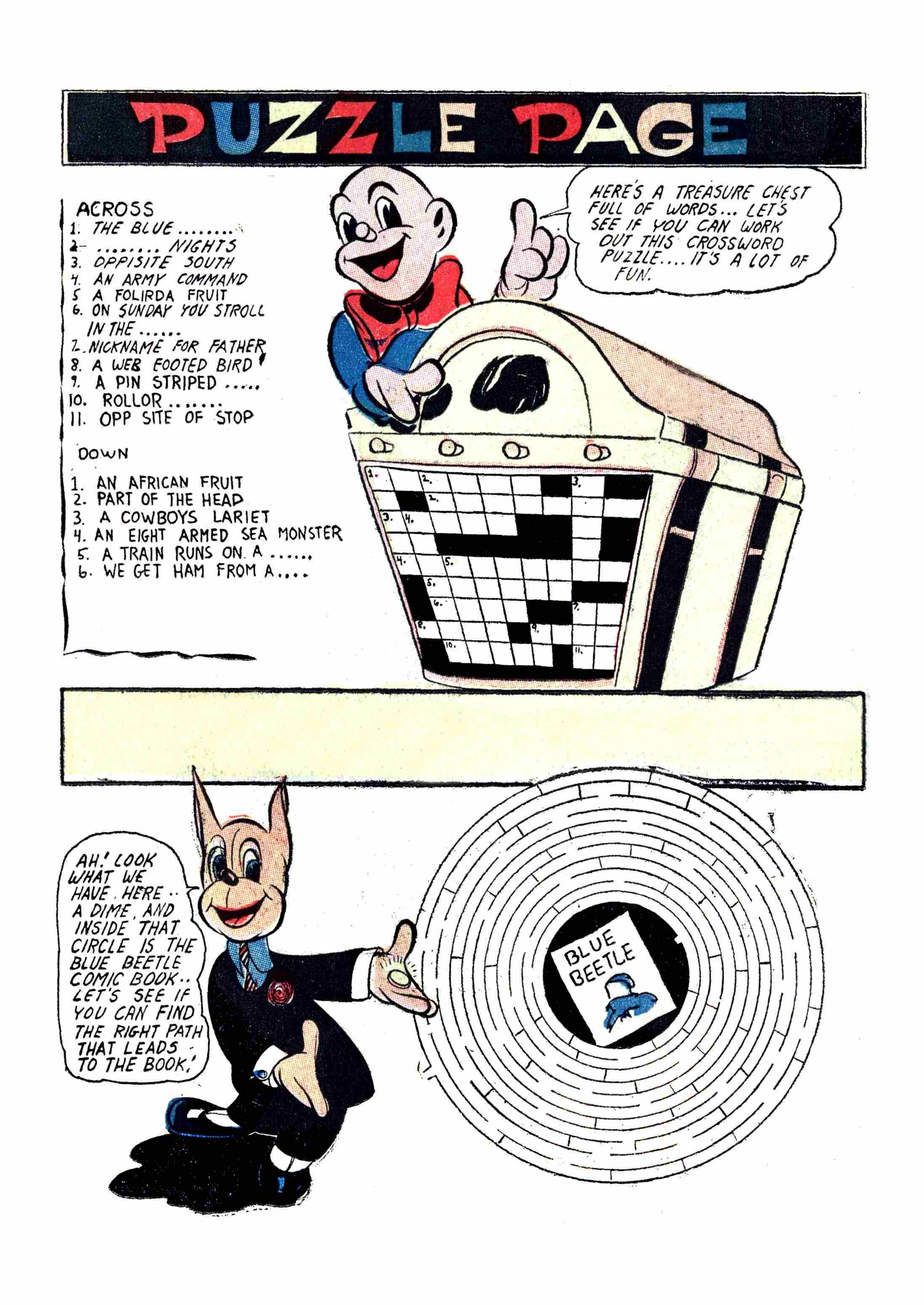 Blue Beetle (Fox / Dan Garrett), page 36. Blue Beetle (Dan Garrett). Public domain in the United States for Fox/Holyoke-era issues. Not Charlton or DC. Internet Archive folkscanomy scans used when Comic Book Plus returns 403.