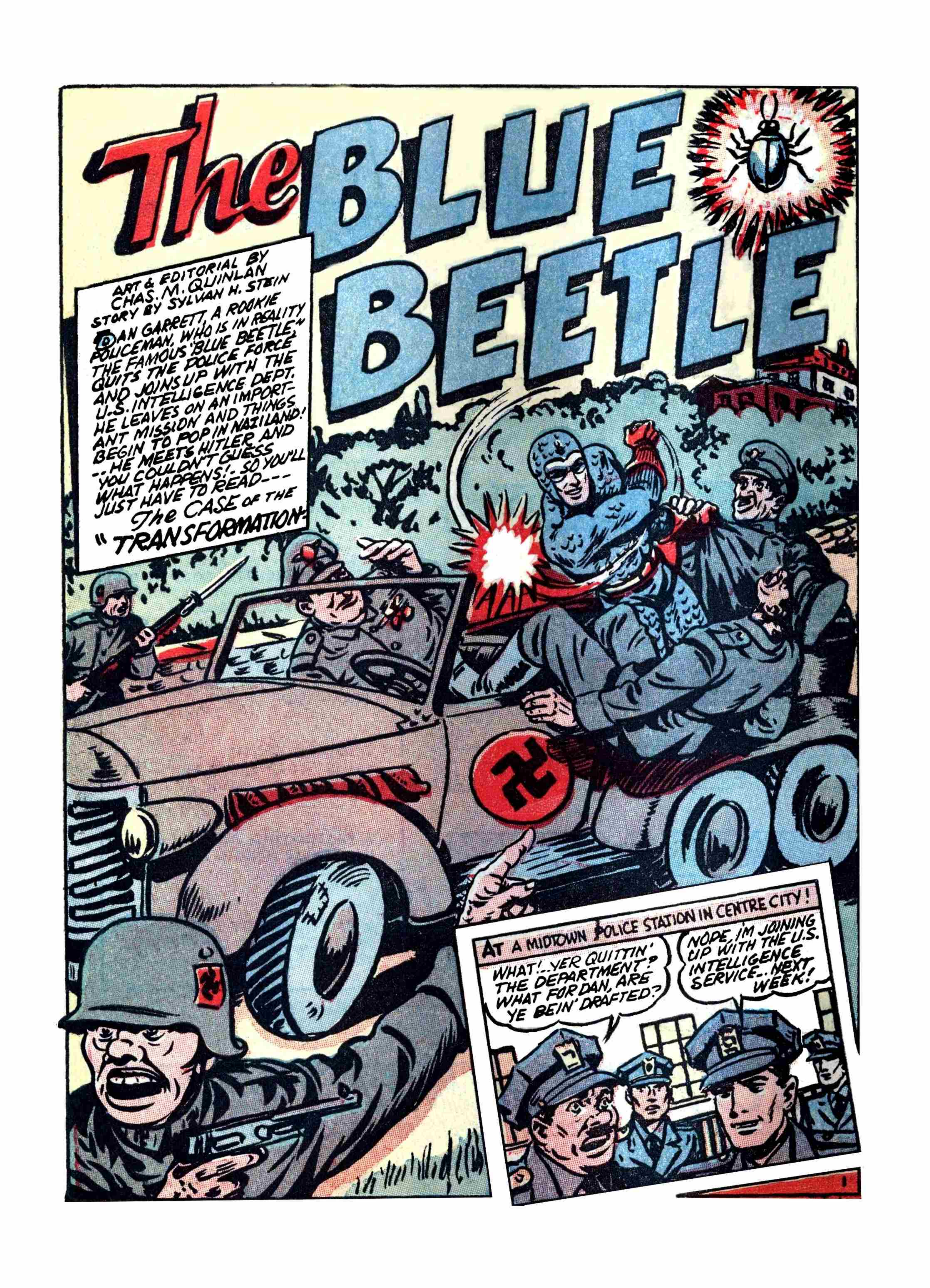 Blue Beetle (Fox / Dan Garrett), page 5. Blue Beetle (Dan Garrett). Public domain in the United States for Fox/Holyoke-era issues. Not Charlton or DC. Internet Archive folkscanomy scans used when Comic Book Plus returns 403.