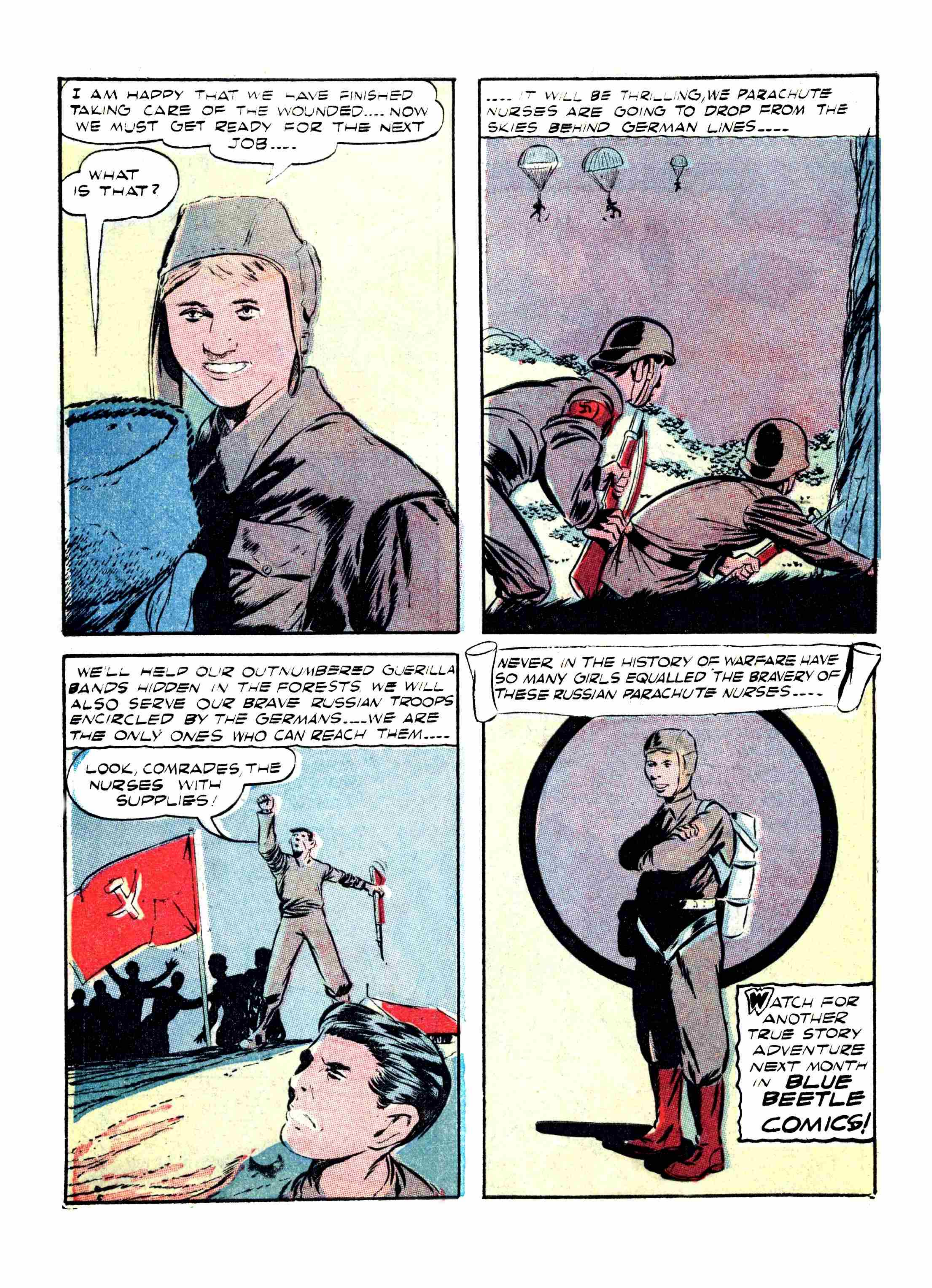 Blue Beetle (Fox / Dan Garrett), page 55. Blue Beetle (Dan Garrett). Public domain in the United States for Fox/Holyoke-era issues. Not Charlton or DC. Internet Archive folkscanomy scans used when Comic Book Plus returns 403.