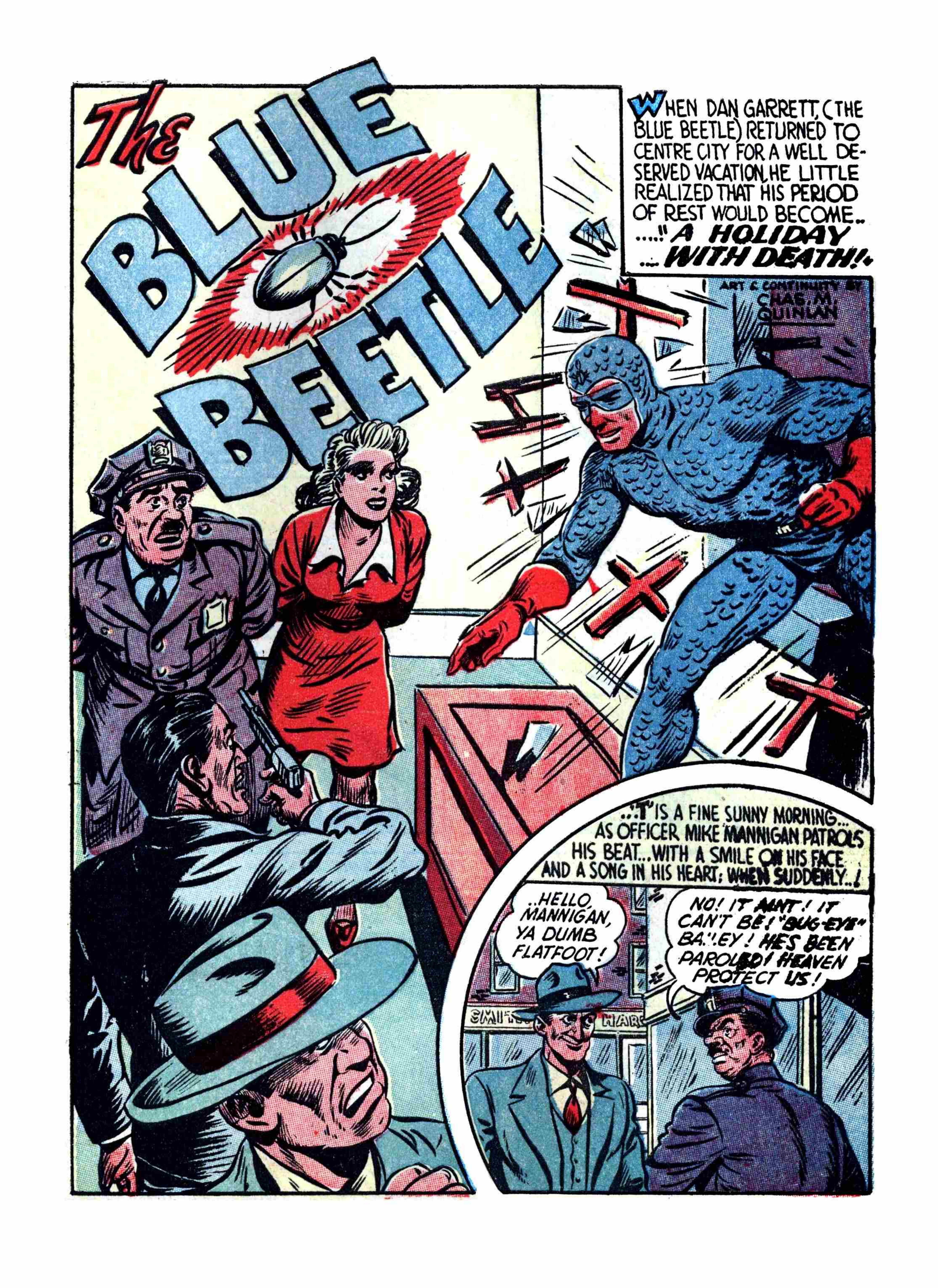 Blue Beetle (Fox / Dan Garrett), page 56. Blue Beetle (Dan Garrett). Public domain in the United States for Fox/Holyoke-era issues. Not Charlton or DC. Internet Archive folkscanomy scans used when Comic Book Plus returns 403.