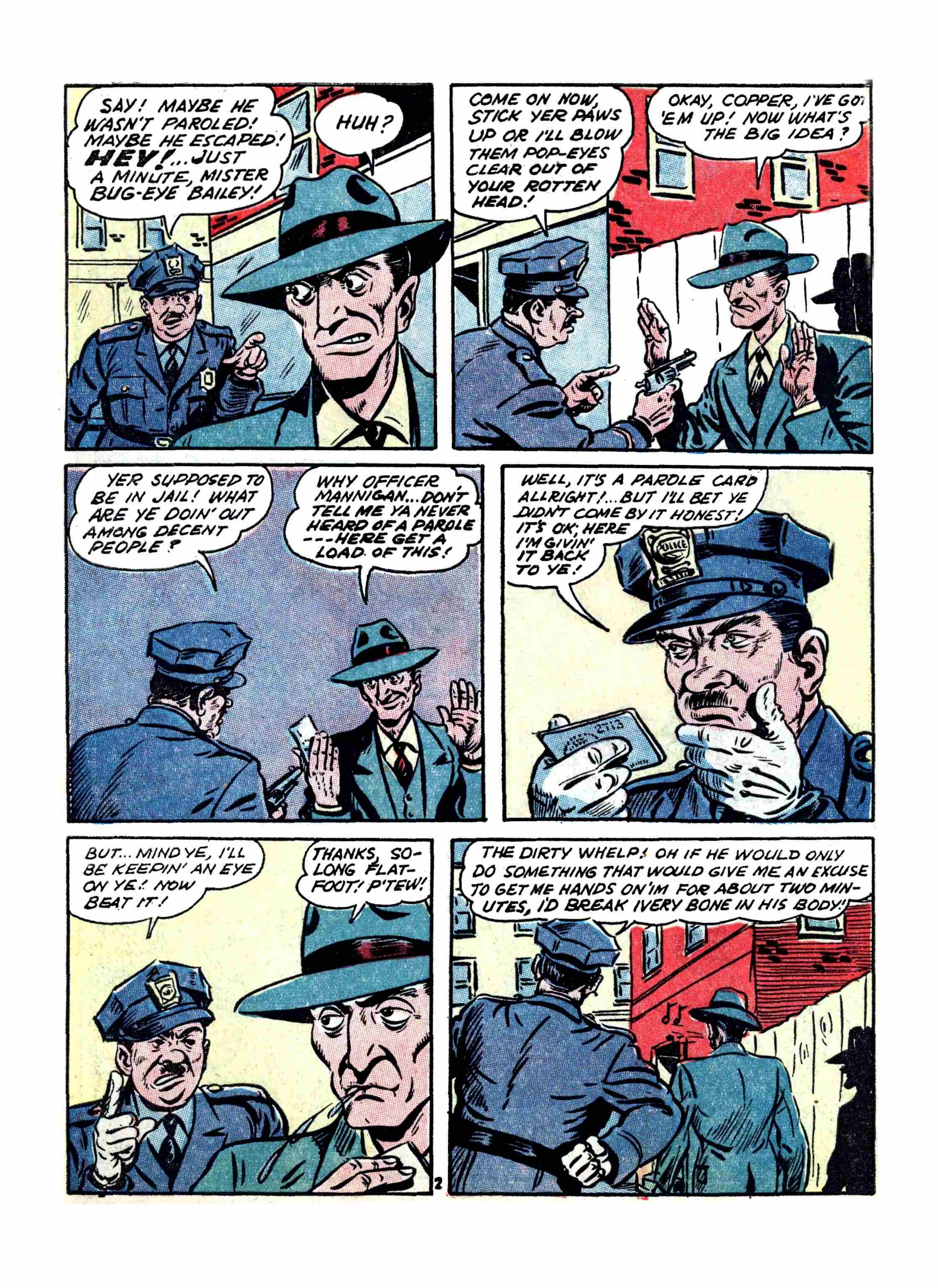 Blue Beetle (Fox / Dan Garrett), page 57. Blue Beetle (Dan Garrett). Public domain in the United States for Fox/Holyoke-era issues. Not Charlton or DC. Internet Archive folkscanomy scans used when Comic Book Plus returns 403.