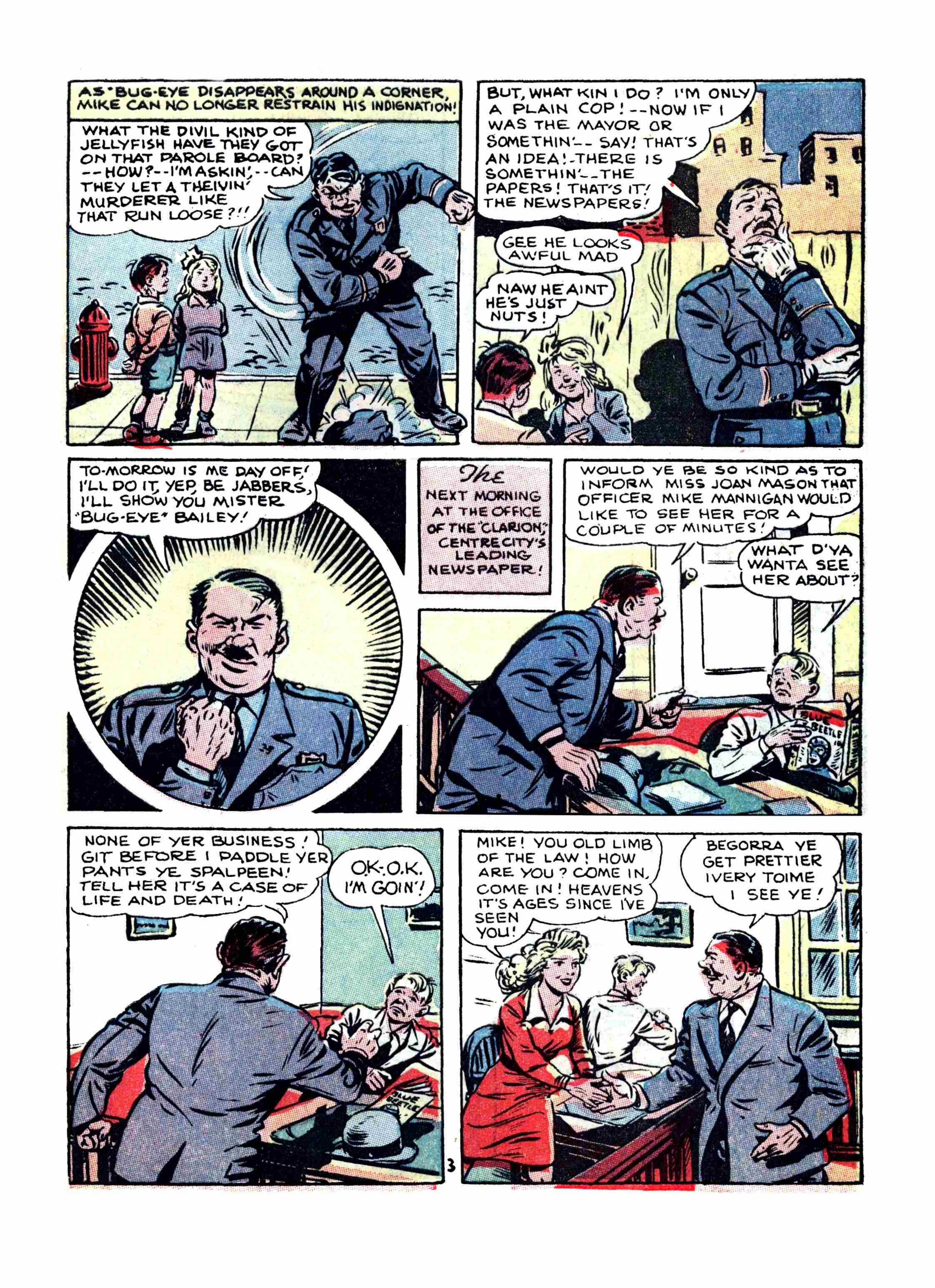 Blue Beetle (Fox / Dan Garrett), page 58. Blue Beetle (Dan Garrett). Public domain in the United States for Fox/Holyoke-era issues. Not Charlton or DC. Internet Archive folkscanomy scans used when Comic Book Plus returns 403.