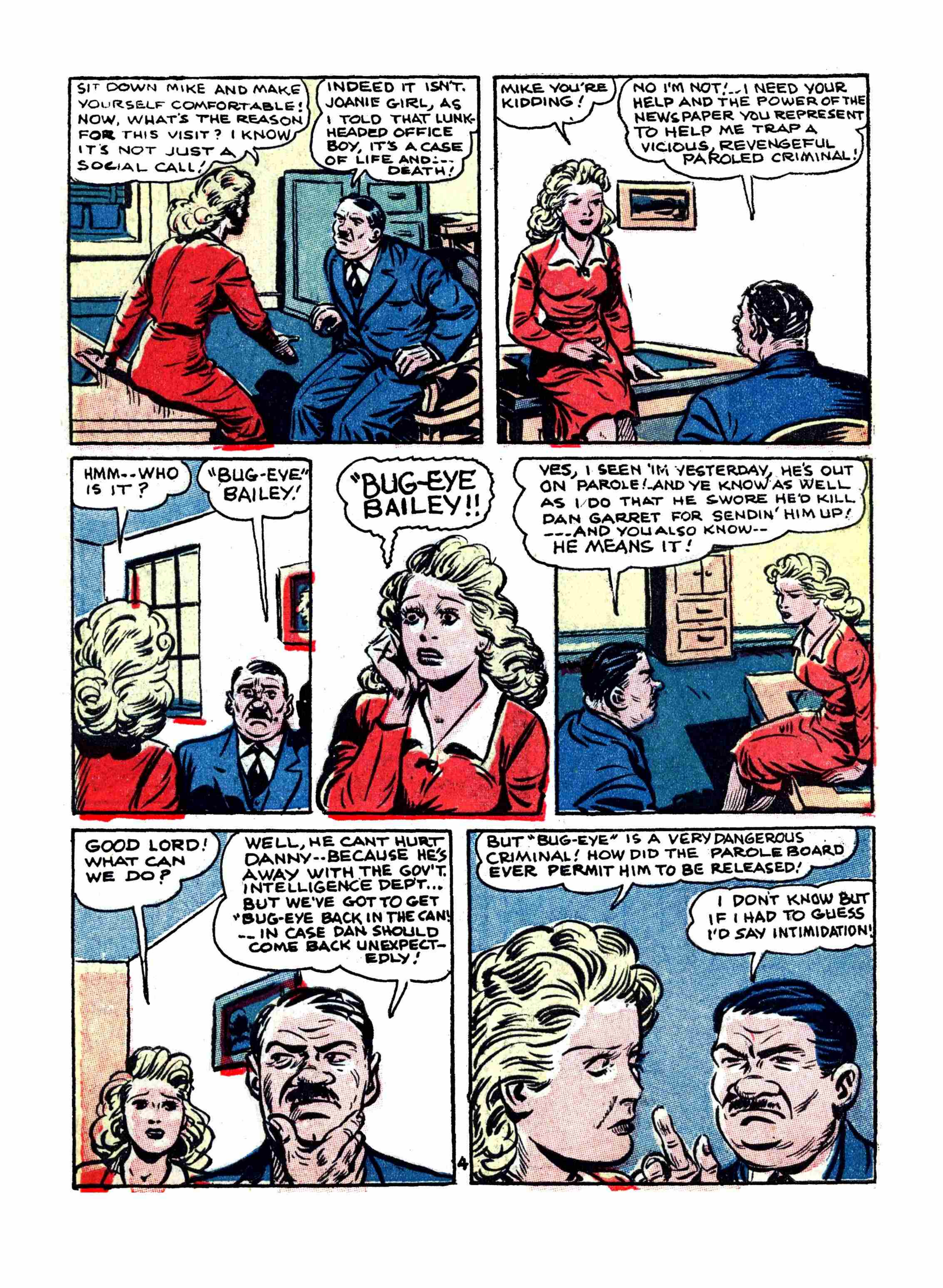 Blue Beetle (Fox / Dan Garrett), page 59. Blue Beetle (Dan Garrett). Public domain in the United States for Fox/Holyoke-era issues. Not Charlton or DC. Internet Archive folkscanomy scans used when Comic Book Plus returns 403.