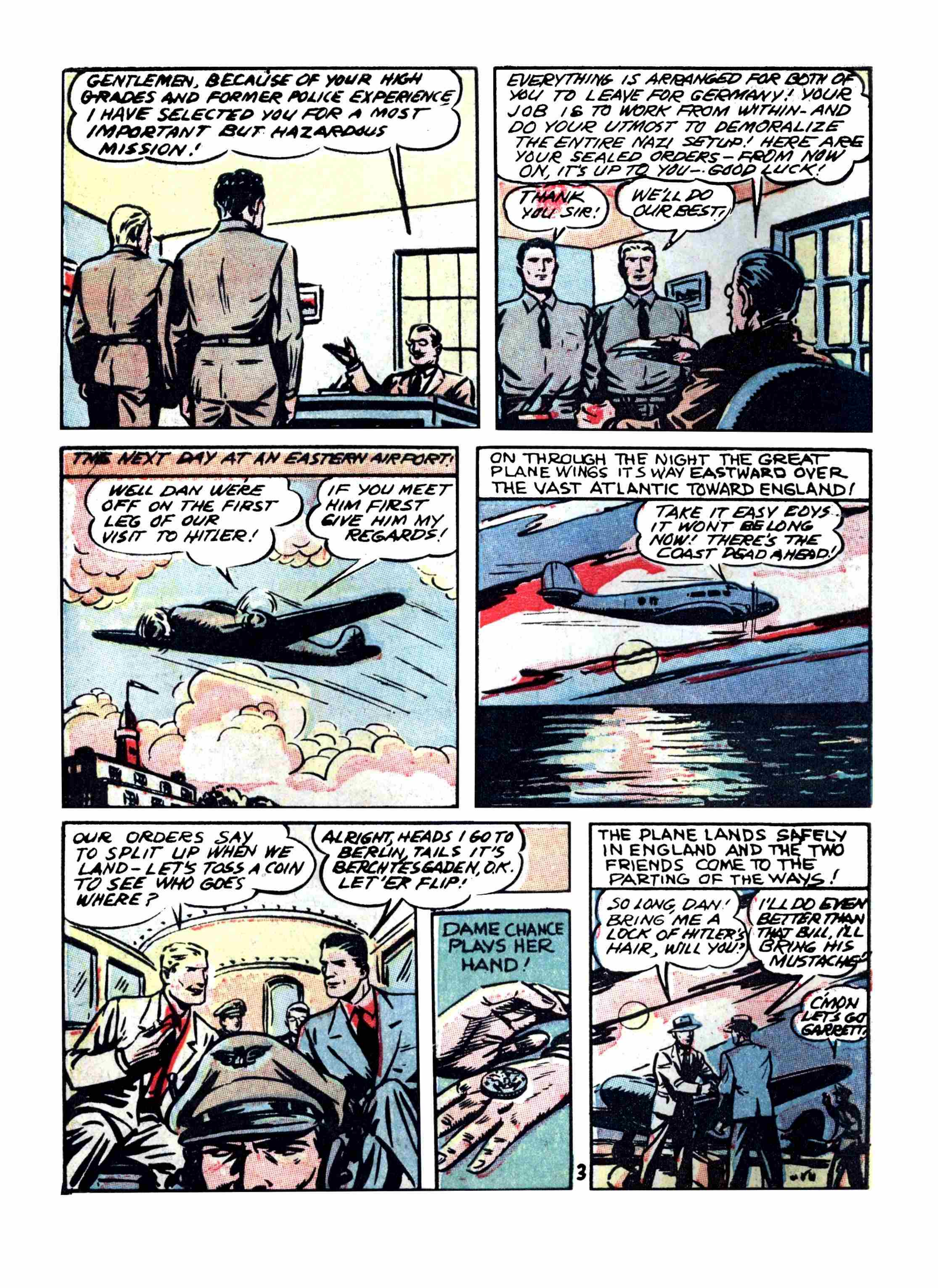 Blue Beetle (Fox / Dan Garrett), page 7. Blue Beetle (Dan Garrett). Public domain in the United States for Fox/Holyoke-era issues. Not Charlton or DC. Internet Archive folkscanomy scans used when Comic Book Plus returns 403.