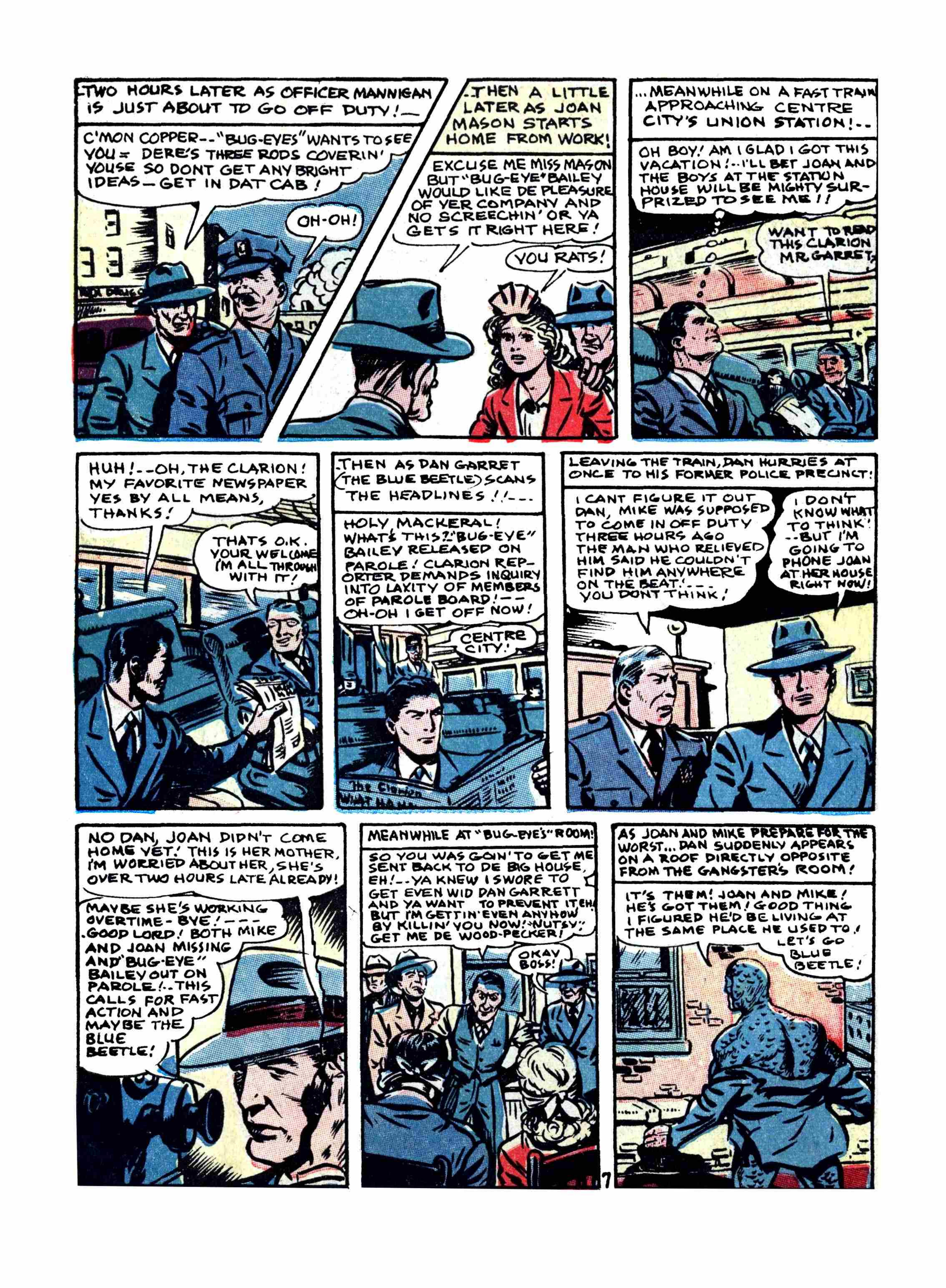 Blue Beetle (Fox / Dan Garrett), page 62. Blue Beetle (Dan Garrett). Public domain in the United States for Fox/Holyoke-era issues. Not Charlton or DC. Internet Archive folkscanomy scans used when Comic Book Plus returns 403.