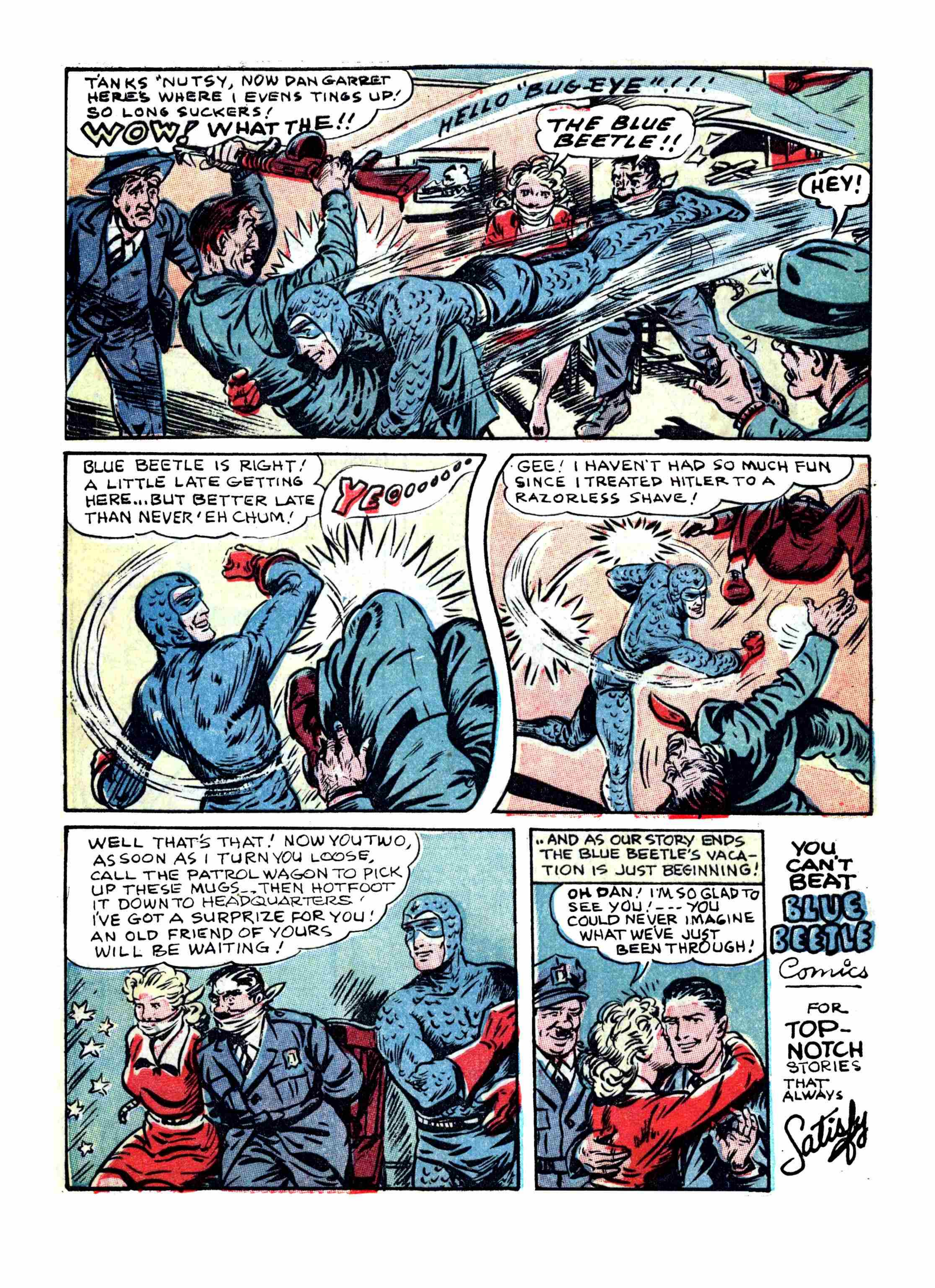 Blue Beetle (Fox / Dan Garrett), page 63. Blue Beetle (Dan Garrett). Public domain in the United States for Fox/Holyoke-era issues. Not Charlton or DC. Internet Archive folkscanomy scans used when Comic Book Plus returns 403.