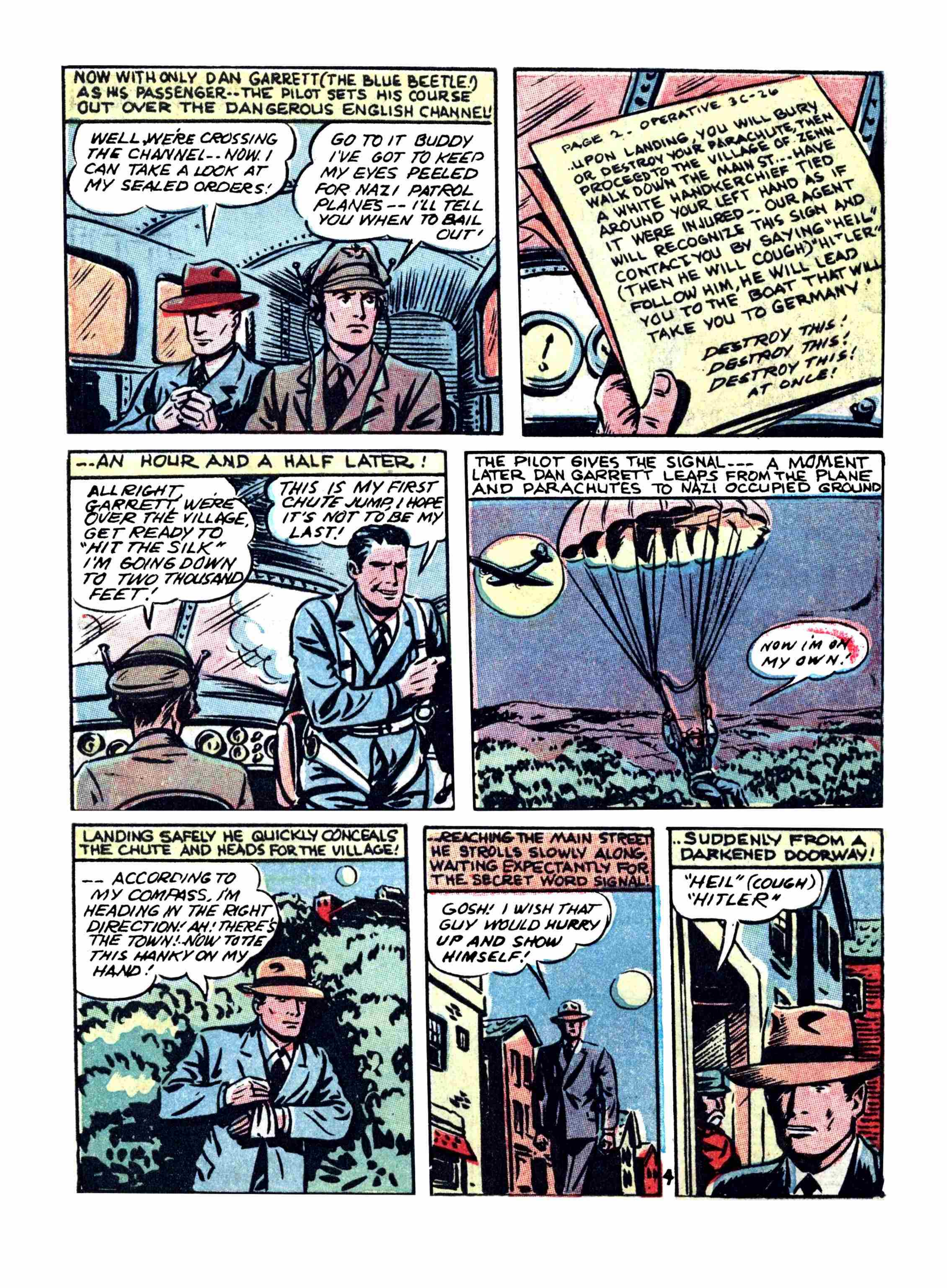 Blue Beetle (Fox / Dan Garrett), page 8. Blue Beetle (Dan Garrett). Public domain in the United States for Fox/Holyoke-era issues. Not Charlton or DC. Internet Archive folkscanomy scans used when Comic Book Plus returns 403.
