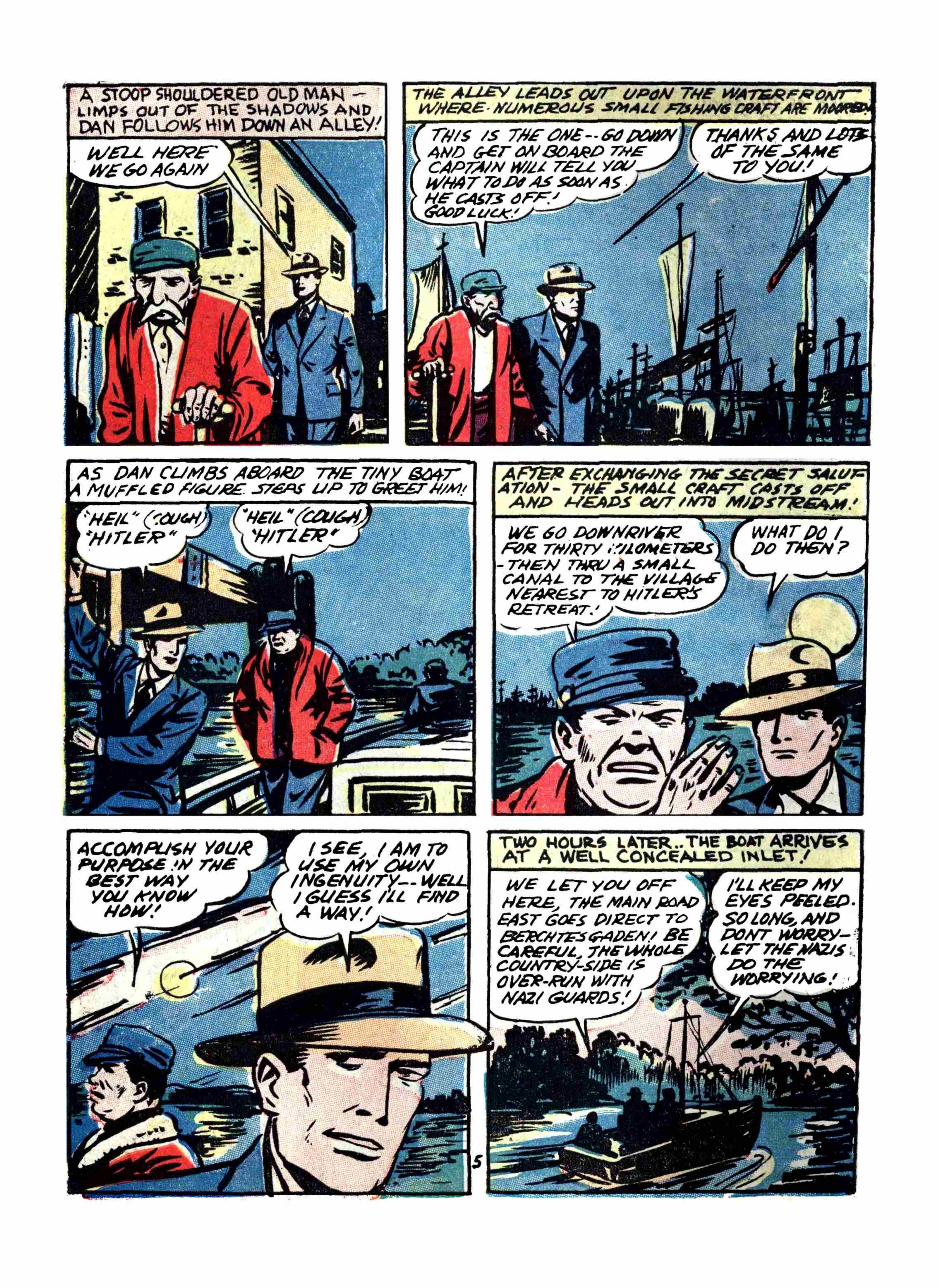 Blue Beetle (Fox / Dan Garrett), page 9. Blue Beetle (Dan Garrett). Public domain in the United States for Fox/Holyoke-era issues. Not Charlton or DC. Internet Archive folkscanomy scans used when Comic Book Plus returns 403.