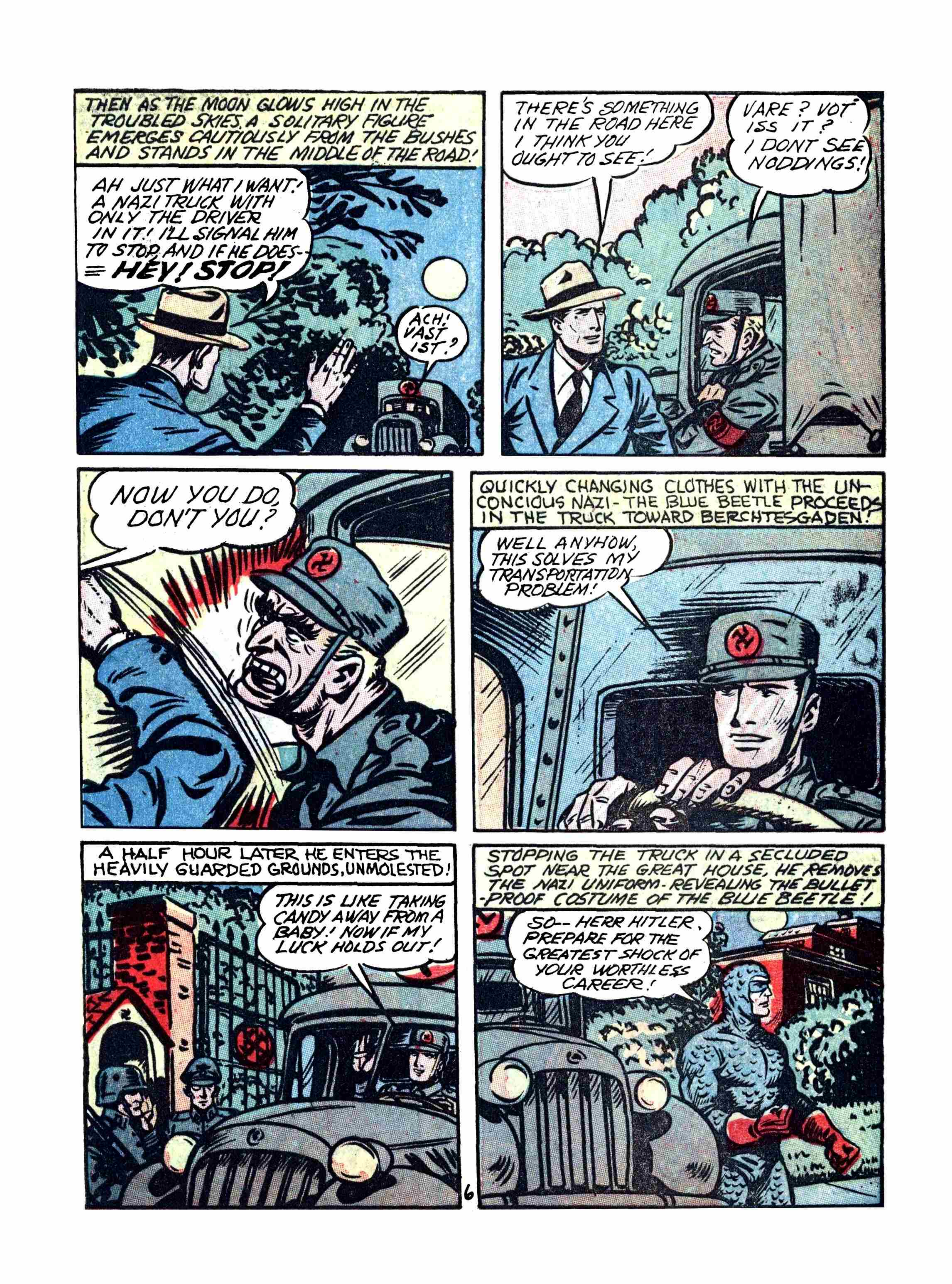 Blue Beetle (Fox / Dan Garrett), page 10. Blue Beetle (Dan Garrett). Public domain in the United States for Fox/Holyoke-era issues. Not Charlton or DC. Internet Archive folkscanomy scans used when Comic Book Plus returns 403.
