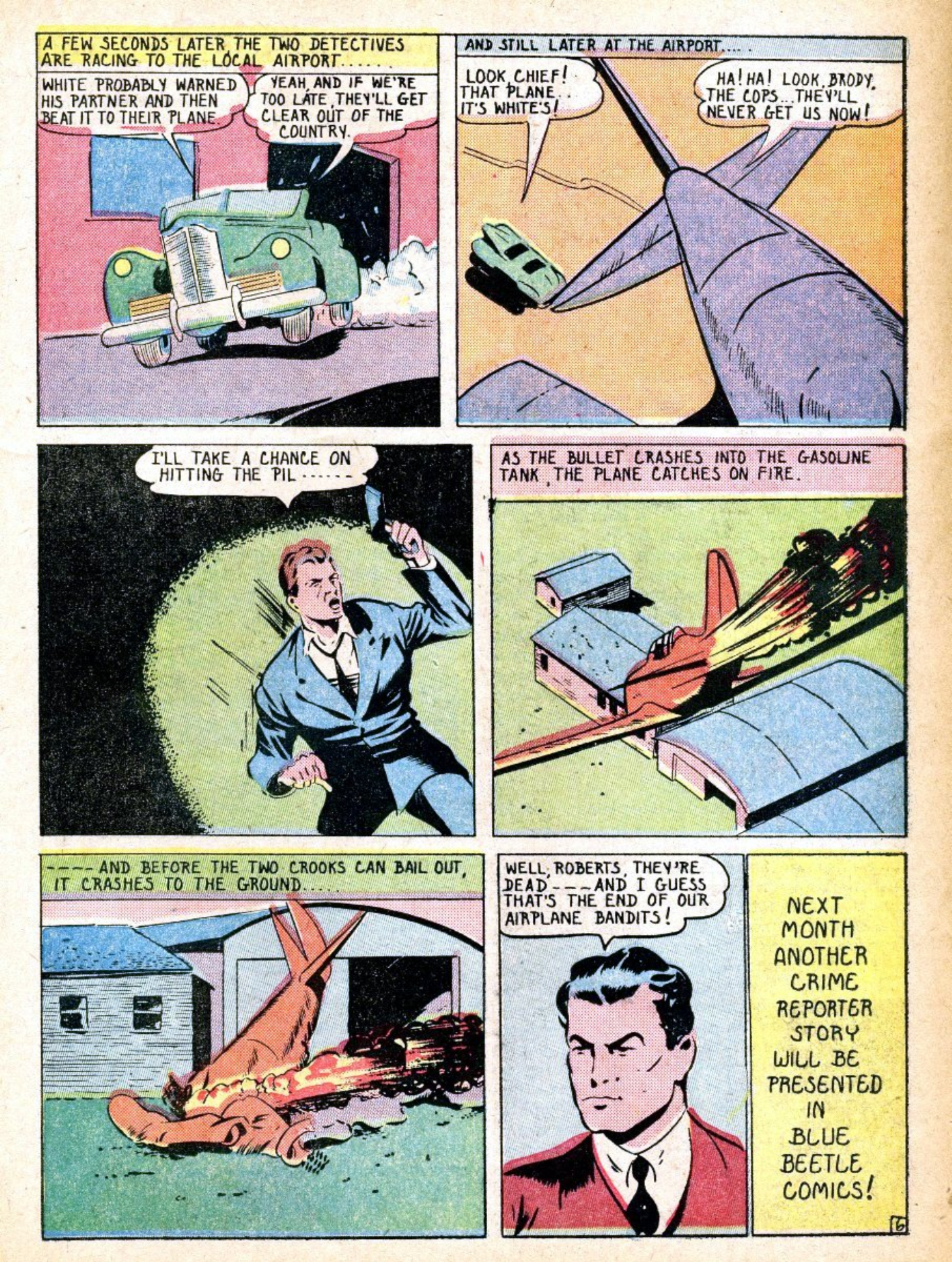 Blue Beetle (Fox / Dan Garrett), page 23. Blue Beetle (Dan Garrett). Public domain in the United States for Fox/Holyoke-era issues. Not Charlton or DC. Internet Archive folkscanomy scans used when Comic Book Plus returns 403.