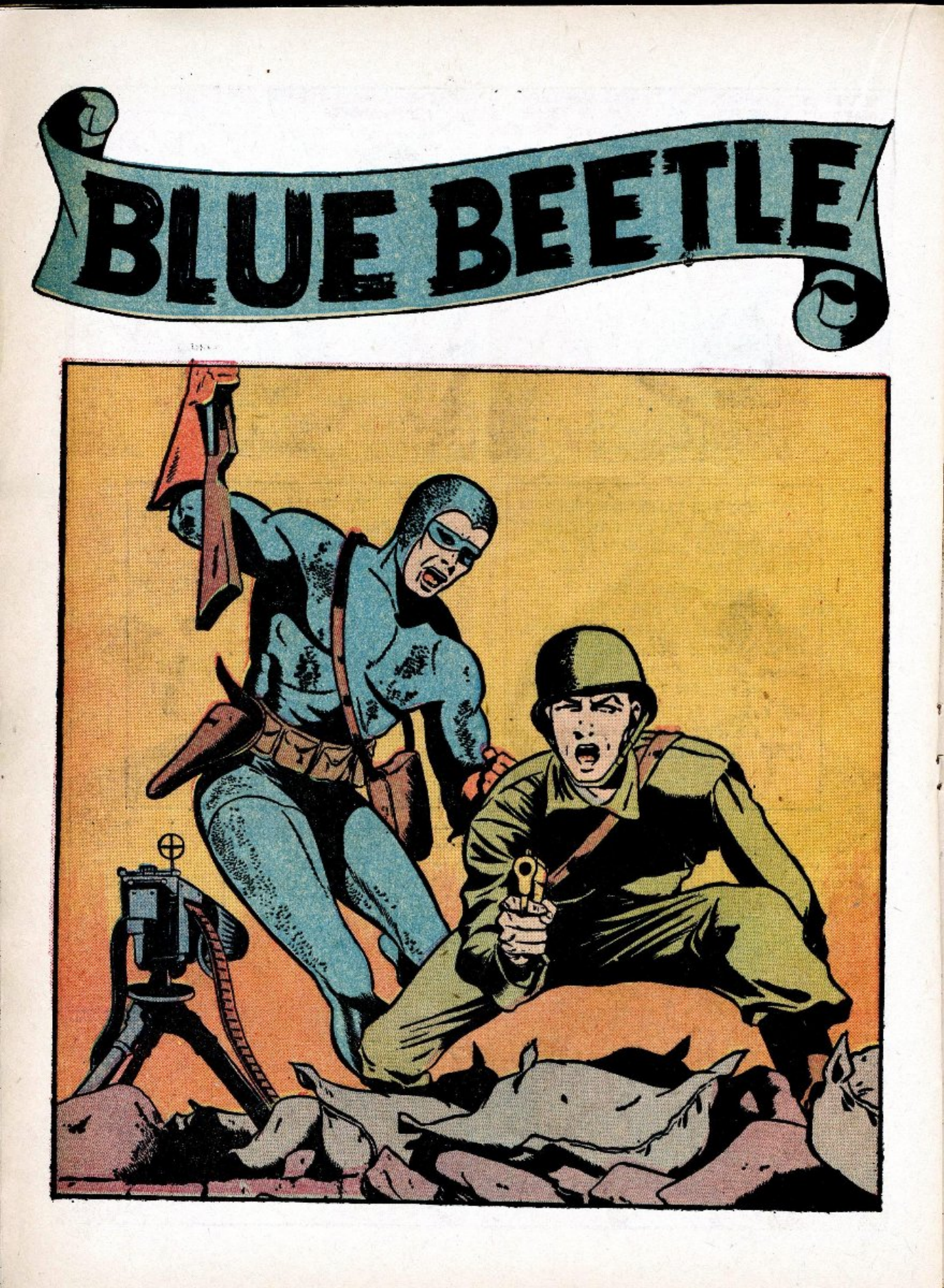 Blue Beetle (Fox / Dan Garrett), page 28. Blue Beetle (Dan Garrett). Public domain in the United States for Fox/Holyoke-era issues. Not Charlton or DC. Internet Archive folkscanomy scans used when Comic Book Plus returns 403.
