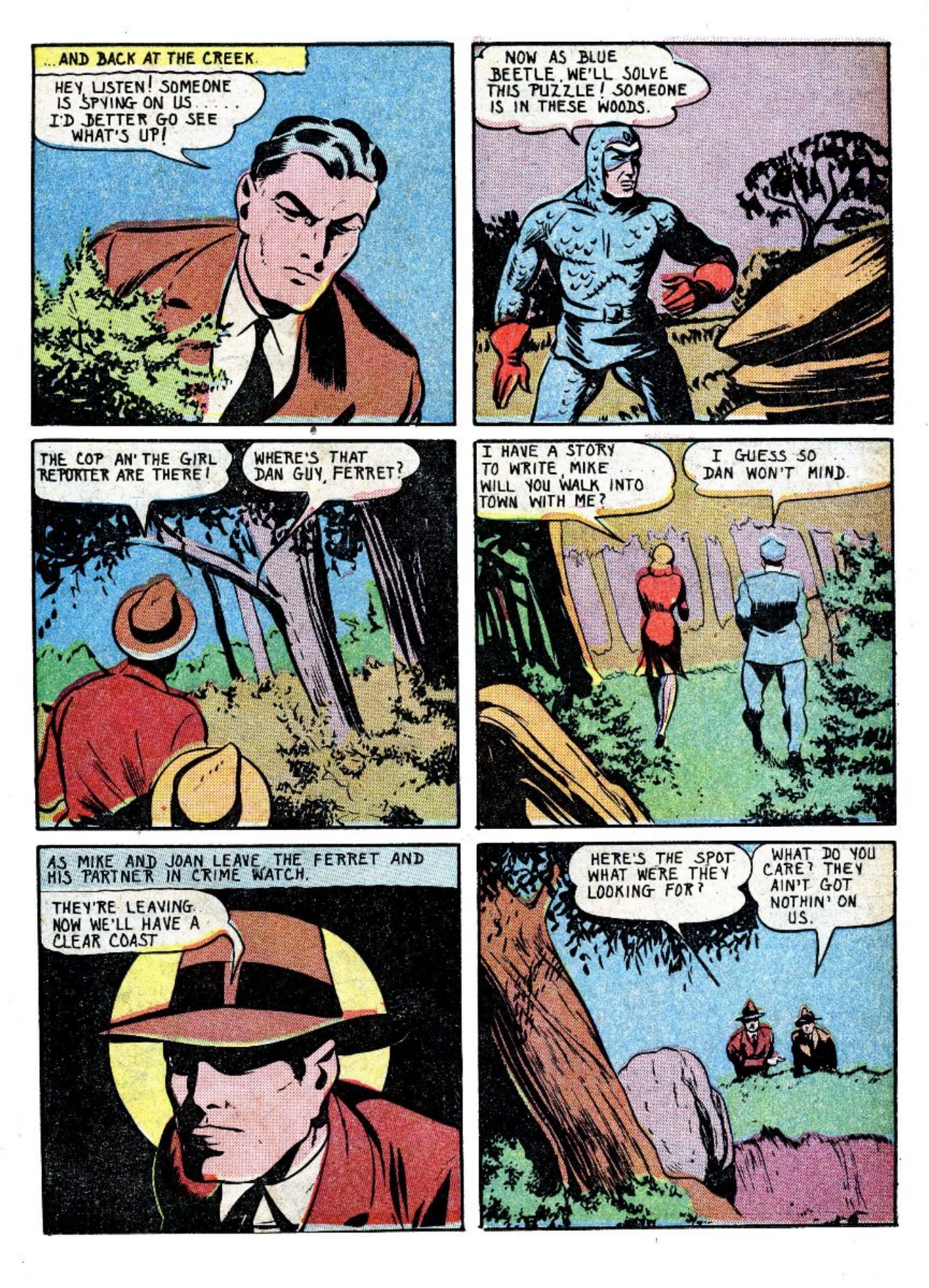 Blue Beetle (Fox / Dan Garrett), page 31. Blue Beetle (Dan Garrett). Public domain in the United States for Fox/Holyoke-era issues. Not Charlton or DC. Internet Archive folkscanomy scans used when Comic Book Plus returns 403.