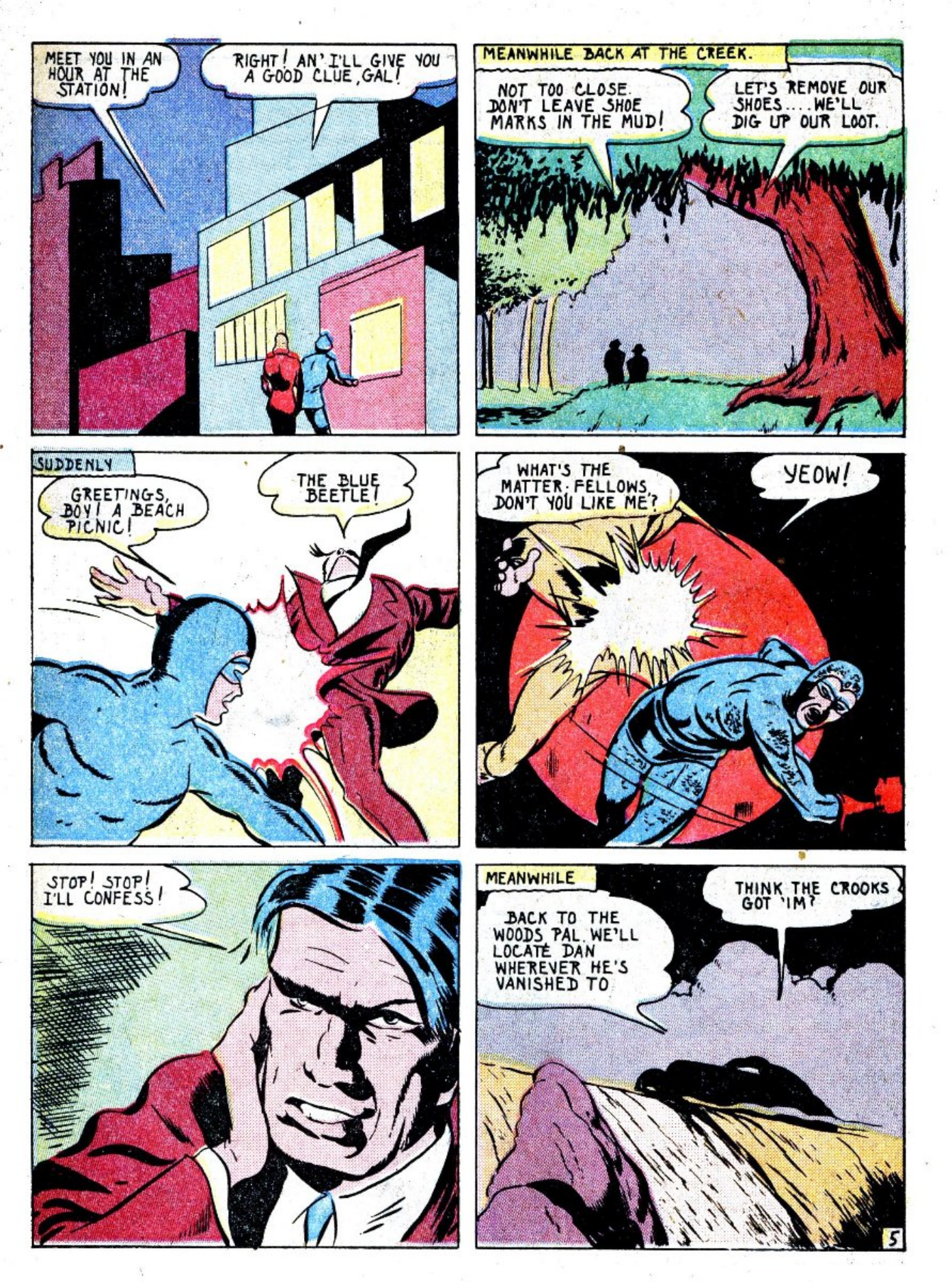 Blue Beetle (Fox / Dan Garrett), page 32. Blue Beetle (Dan Garrett). Public domain in the United States for Fox/Holyoke-era issues. Not Charlton or DC. Internet Archive folkscanomy scans used when Comic Book Plus returns 403.