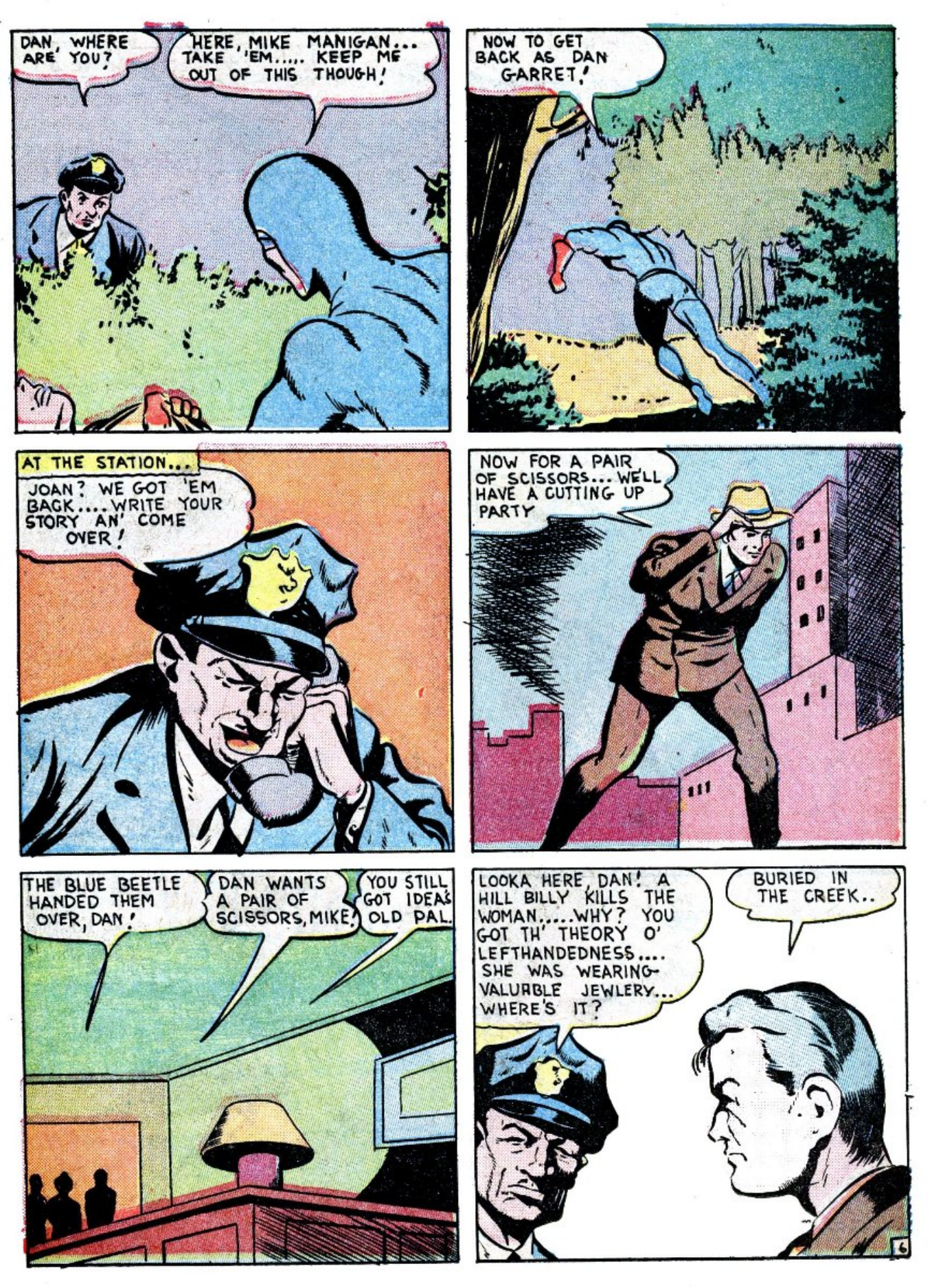 Blue Beetle (Fox / Dan Garrett), page 33. Blue Beetle (Dan Garrett). Public domain in the United States for Fox/Holyoke-era issues. Not Charlton or DC. Internet Archive folkscanomy scans used when Comic Book Plus returns 403.