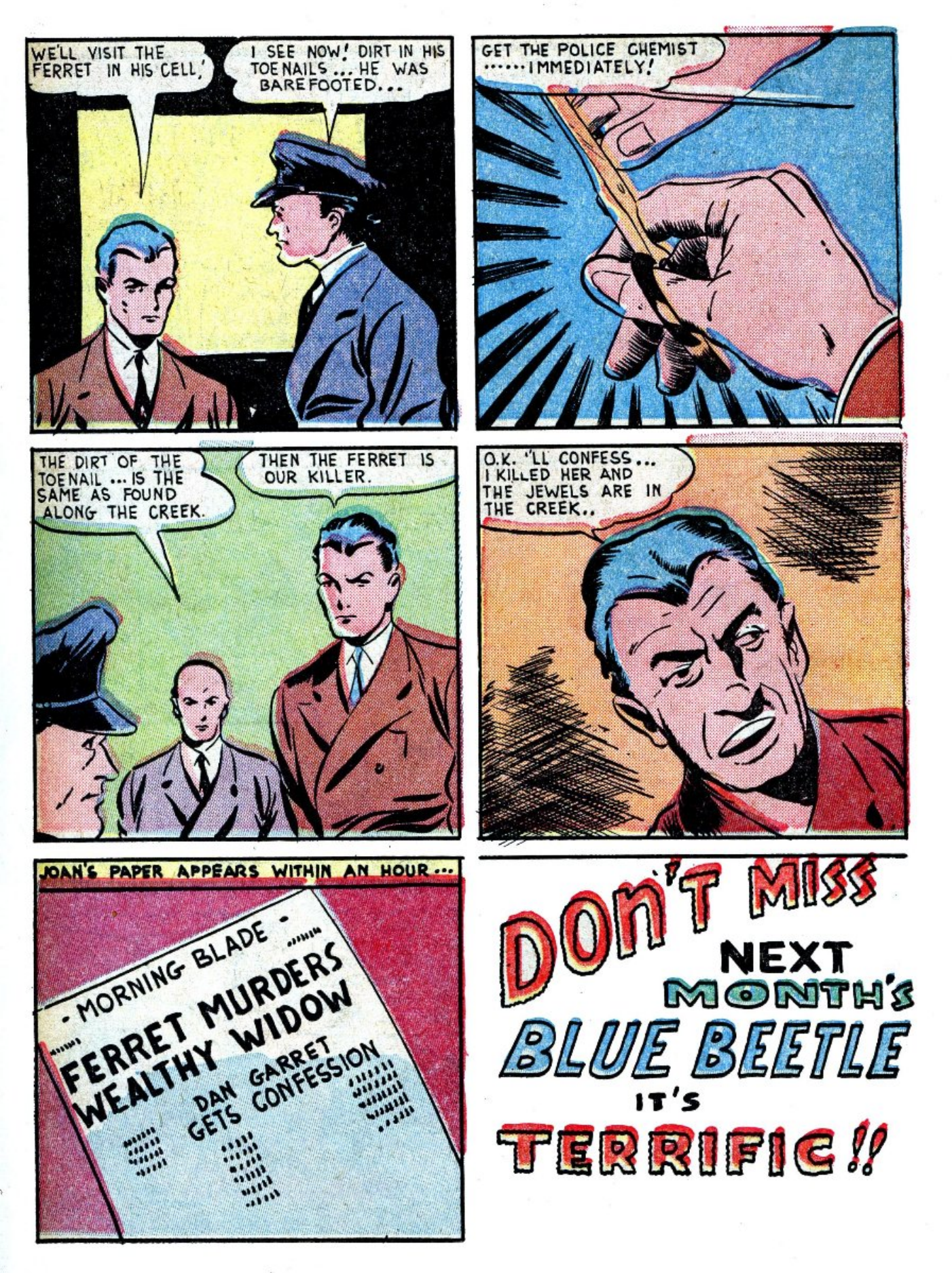 Blue Beetle (Fox / Dan Garrett), page 34. Blue Beetle (Dan Garrett). Public domain in the United States for Fox/Holyoke-era issues. Not Charlton or DC. Internet Archive folkscanomy scans used when Comic Book Plus returns 403.