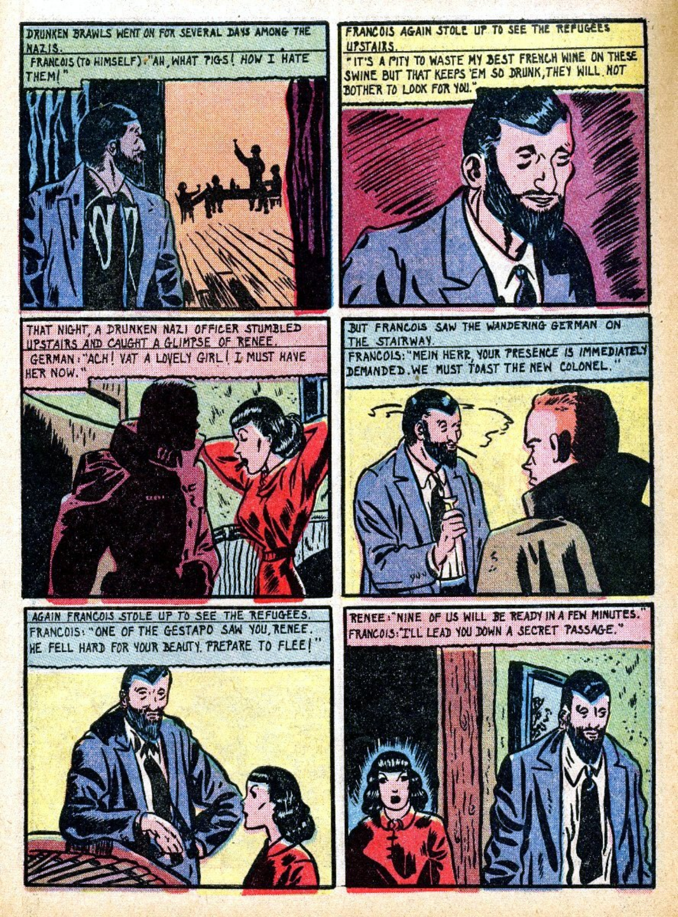Blue Beetle (Fox / Dan Garrett), page 43. Blue Beetle (Dan Garrett). Public domain in the United States for Fox/Holyoke-era issues. Not Charlton or DC. Internet Archive folkscanomy scans used when Comic Book Plus returns 403.