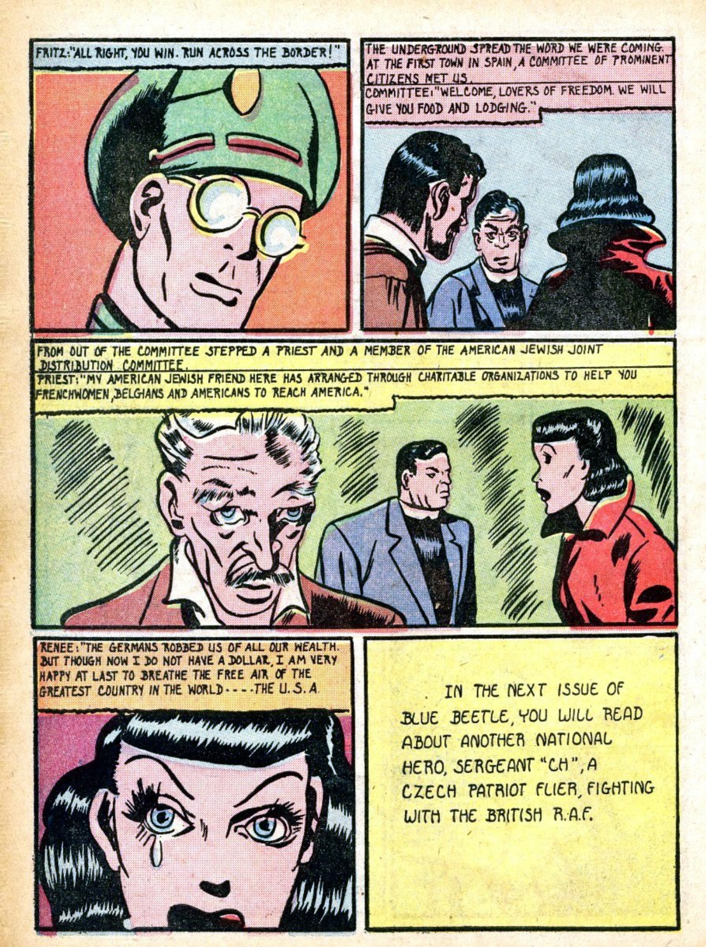 Blue Beetle (Fox / Dan Garrett), page 46. Blue Beetle (Dan Garrett). Public domain in the United States for Fox/Holyoke-era issues. Not Charlton or DC. Internet Archive folkscanomy scans used when Comic Book Plus returns 403.