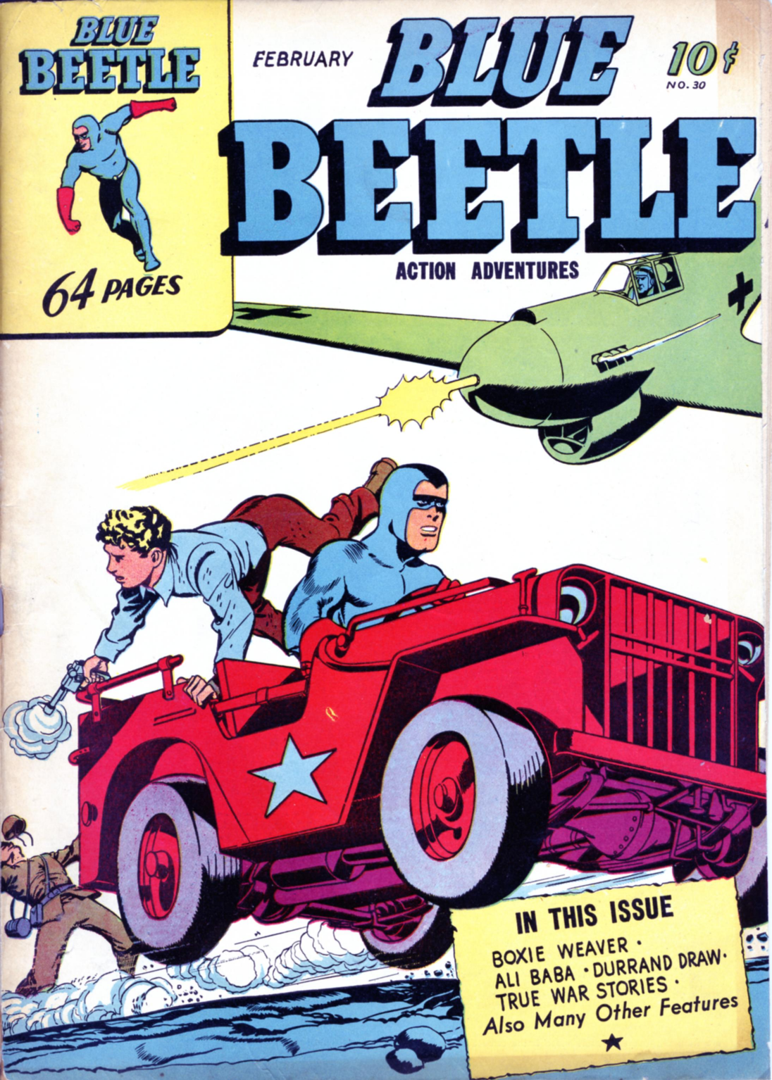Blue Beetle (Fox / Dan Garrett), page 61. Blue Beetle (Dan Garrett). Public domain in the United States for Fox/Holyoke-era issues. Not Charlton or DC. Internet Archive folkscanomy scans used when Comic Book Plus returns 403.