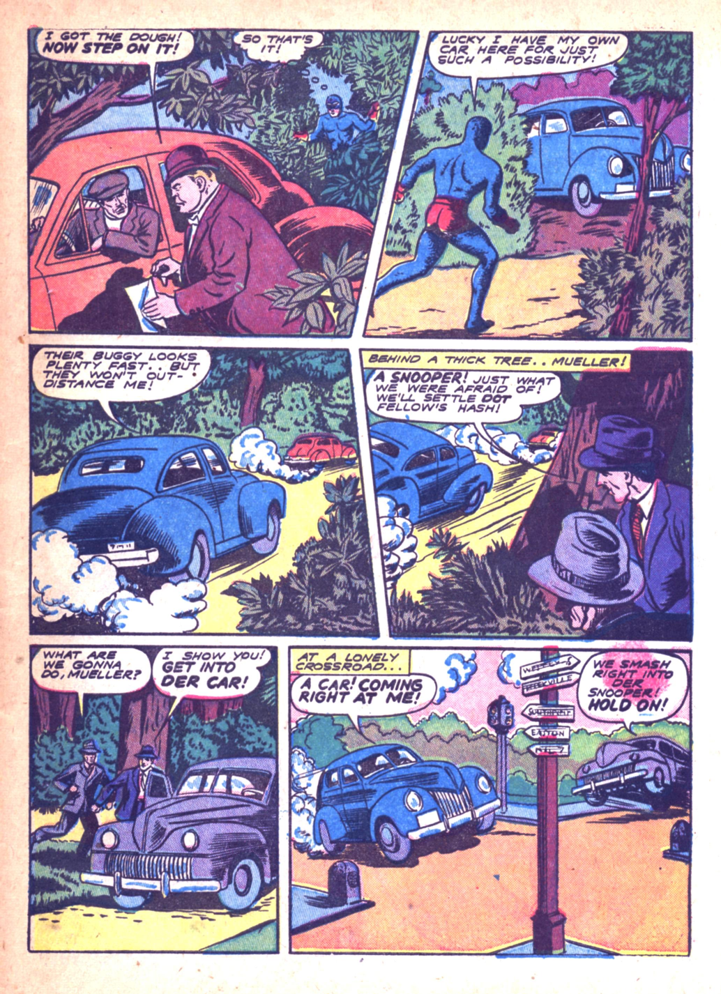 Blue Beetle (Fox / Dan Garrett), page 67. Blue Beetle (Dan Garrett). Public domain in the United States for Fox/Holyoke-era issues. Not Charlton or DC. Internet Archive folkscanomy scans used when Comic Book Plus returns 403.