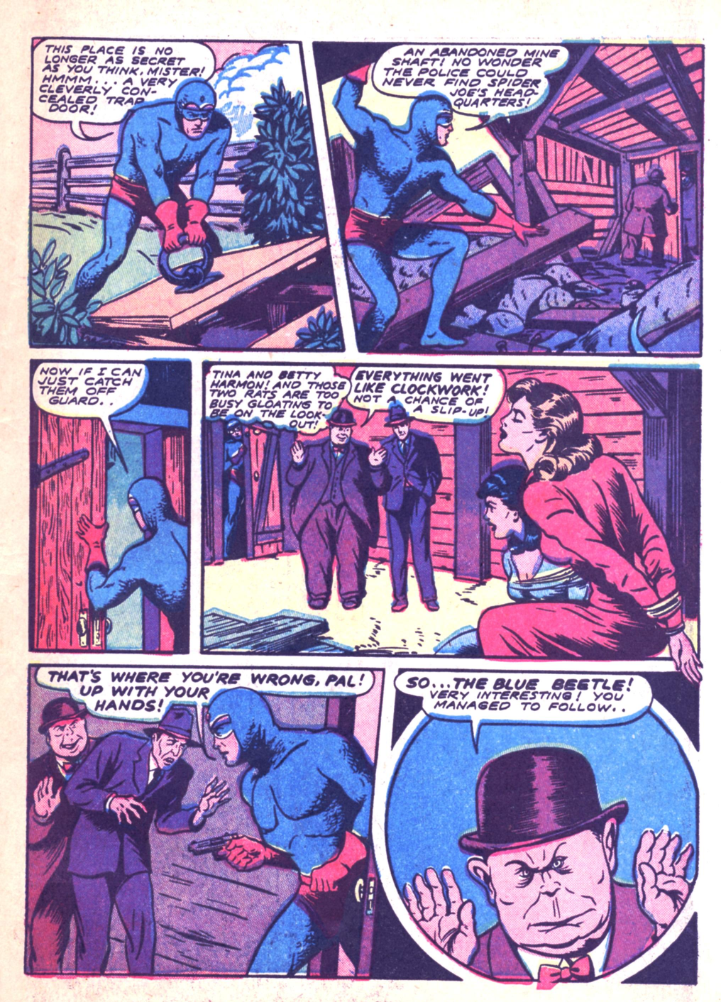 Blue Beetle (Fox / Dan Garrett), page 71. Blue Beetle (Dan Garrett). Public domain in the United States for Fox/Holyoke-era issues. Not Charlton or DC. Internet Archive folkscanomy scans used when Comic Book Plus returns 403.