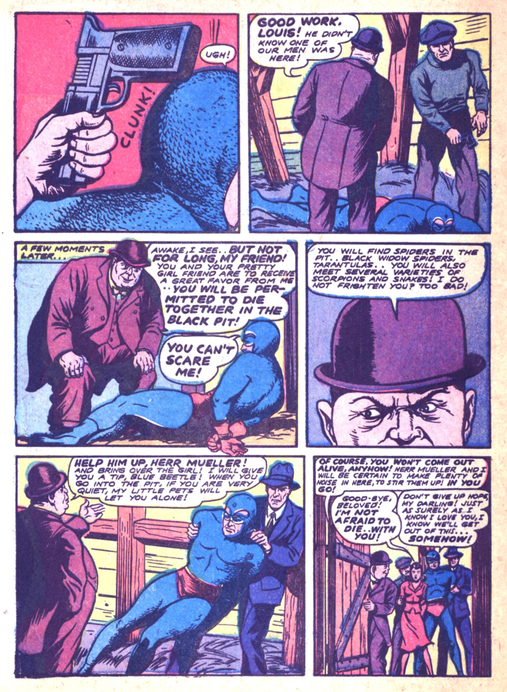 Blue Beetle (Fox / Dan Garrett), page 72. Blue Beetle (Dan Garrett). Public domain in the United States for Fox/Holyoke-era issues. Not Charlton or DC. Internet Archive folkscanomy scans used when Comic Book Plus returns 403.