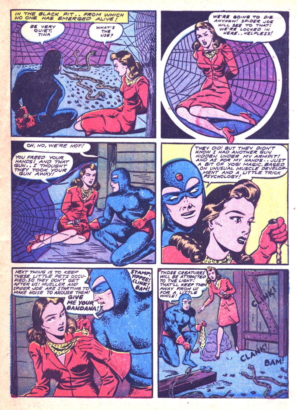 Blue Beetle (Fox / Dan Garrett), page 73. Blue Beetle (Dan Garrett). Public domain in the United States for Fox/Holyoke-era issues. Not Charlton or DC. Internet Archive folkscanomy scans used when Comic Book Plus returns 403.