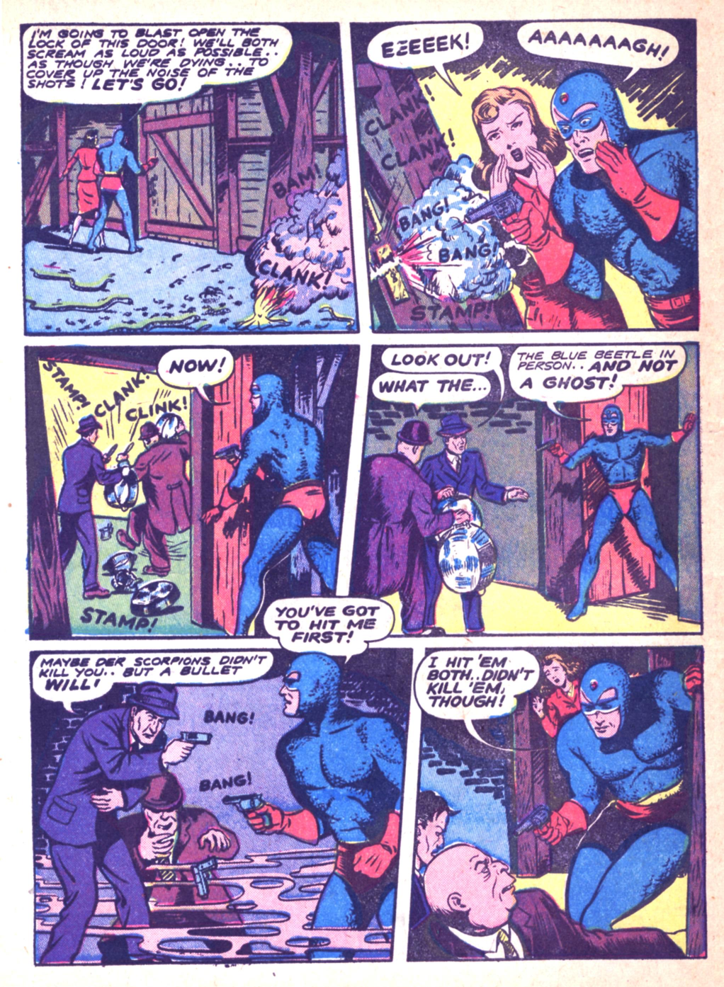 Blue Beetle (Fox / Dan Garrett), page 74. Blue Beetle (Dan Garrett). Public domain in the United States for Fox/Holyoke-era issues. Not Charlton or DC. Internet Archive folkscanomy scans used when Comic Book Plus returns 403.