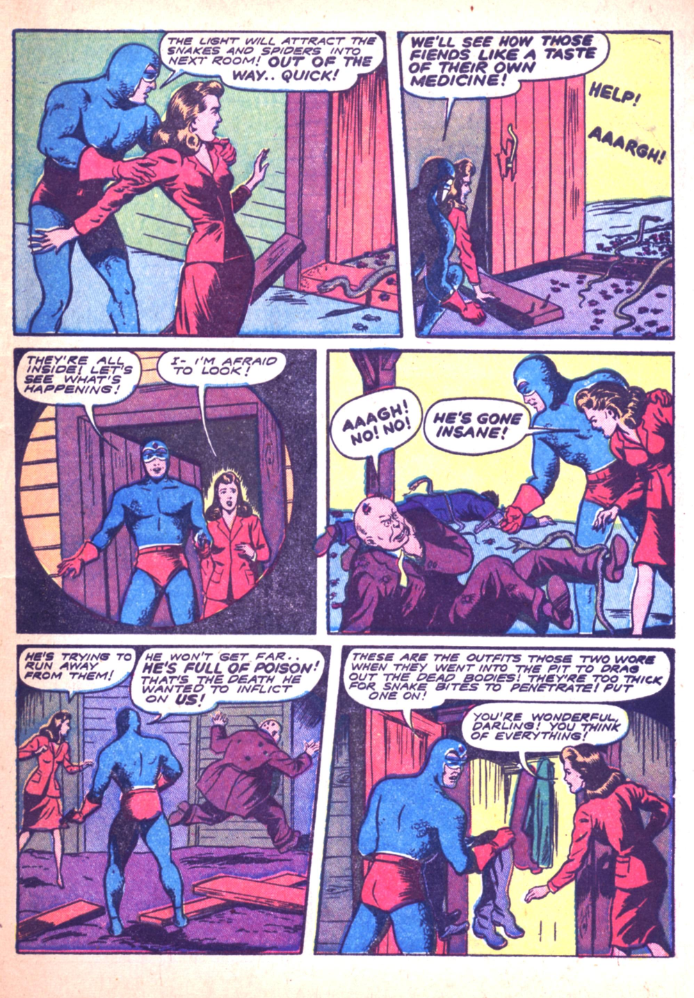 Blue Beetle (Fox / Dan Garrett), page 75. Blue Beetle (Dan Garrett). Public domain in the United States for Fox/Holyoke-era issues. Not Charlton or DC. Internet Archive folkscanomy scans used when Comic Book Plus returns 403.
