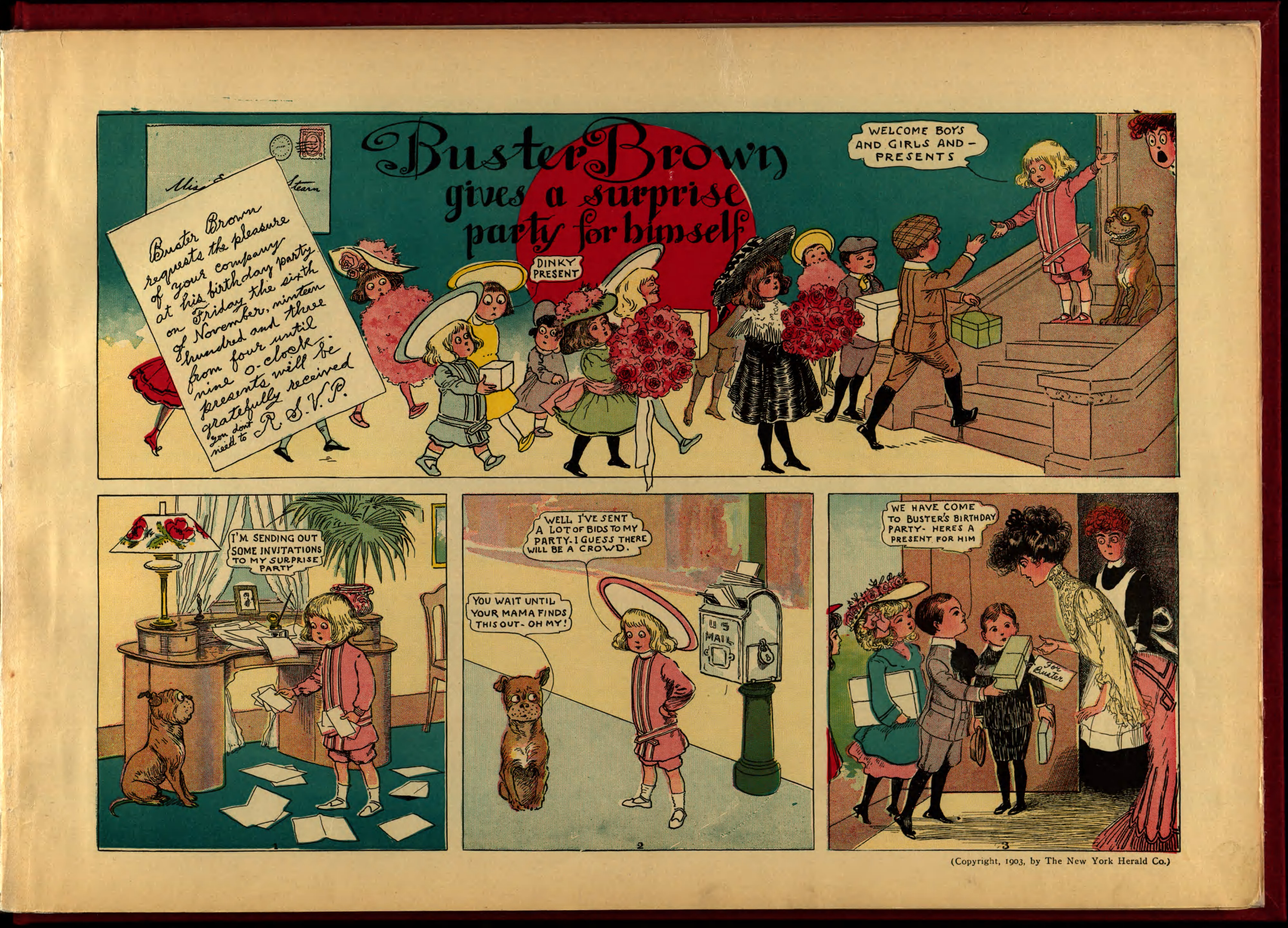 Buster Brown, His Dog Tige and Their Troubles (Frederick A. Stokes, 1904), page 7. R. F. Outcault. Public domain.