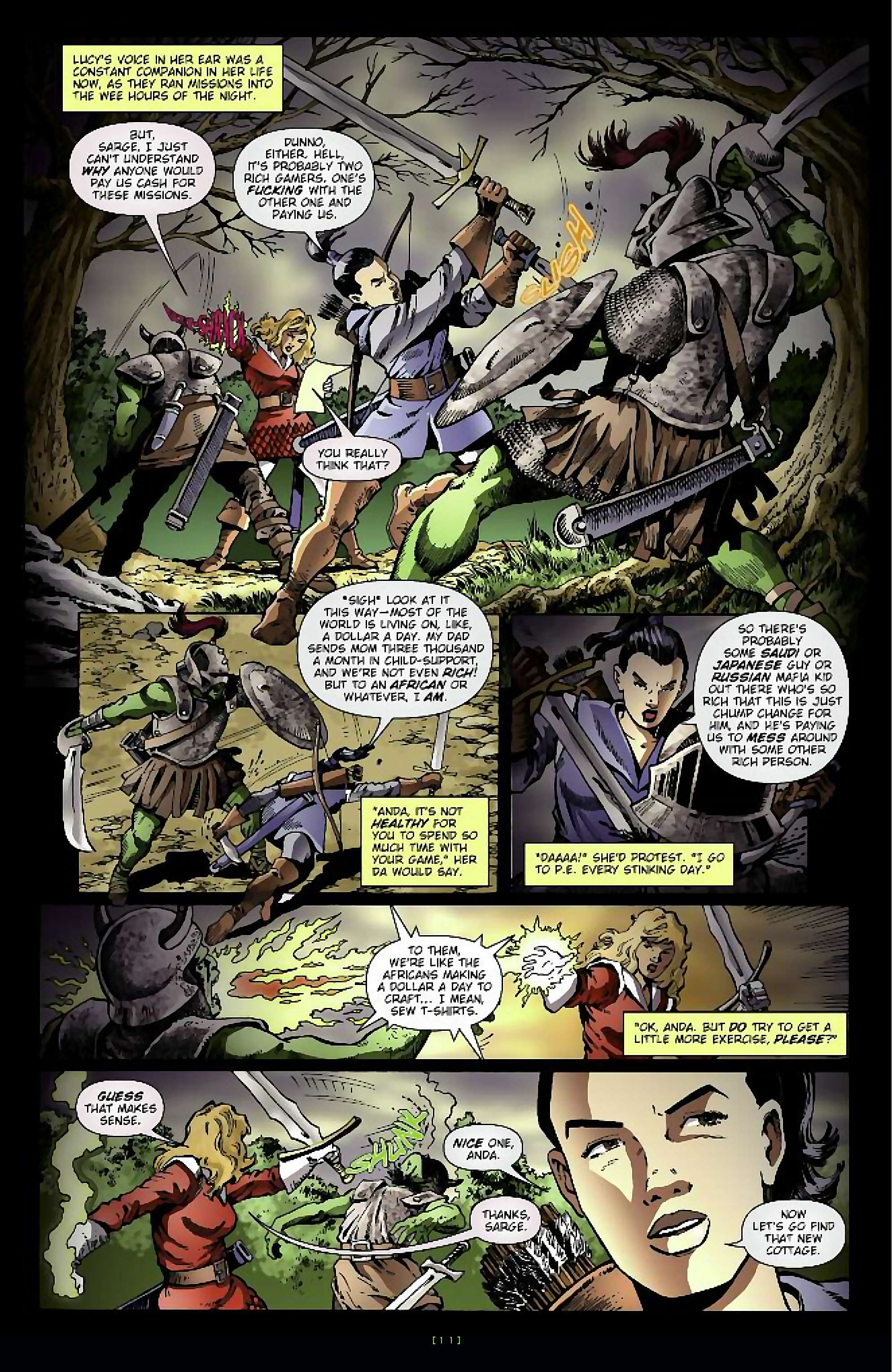 Cory Doctorow's Futuristic Tales of the Here and Now — Anda's Game, page 12. Story by Cory Doctorow. Adapted by Dara Naraghi, art by Esteve Polls, colors by Robert Studio, letters by Neil Uyetake, edited by Ted Adams. IDW Publishing. CC BY-NC-SA 3.0 US.