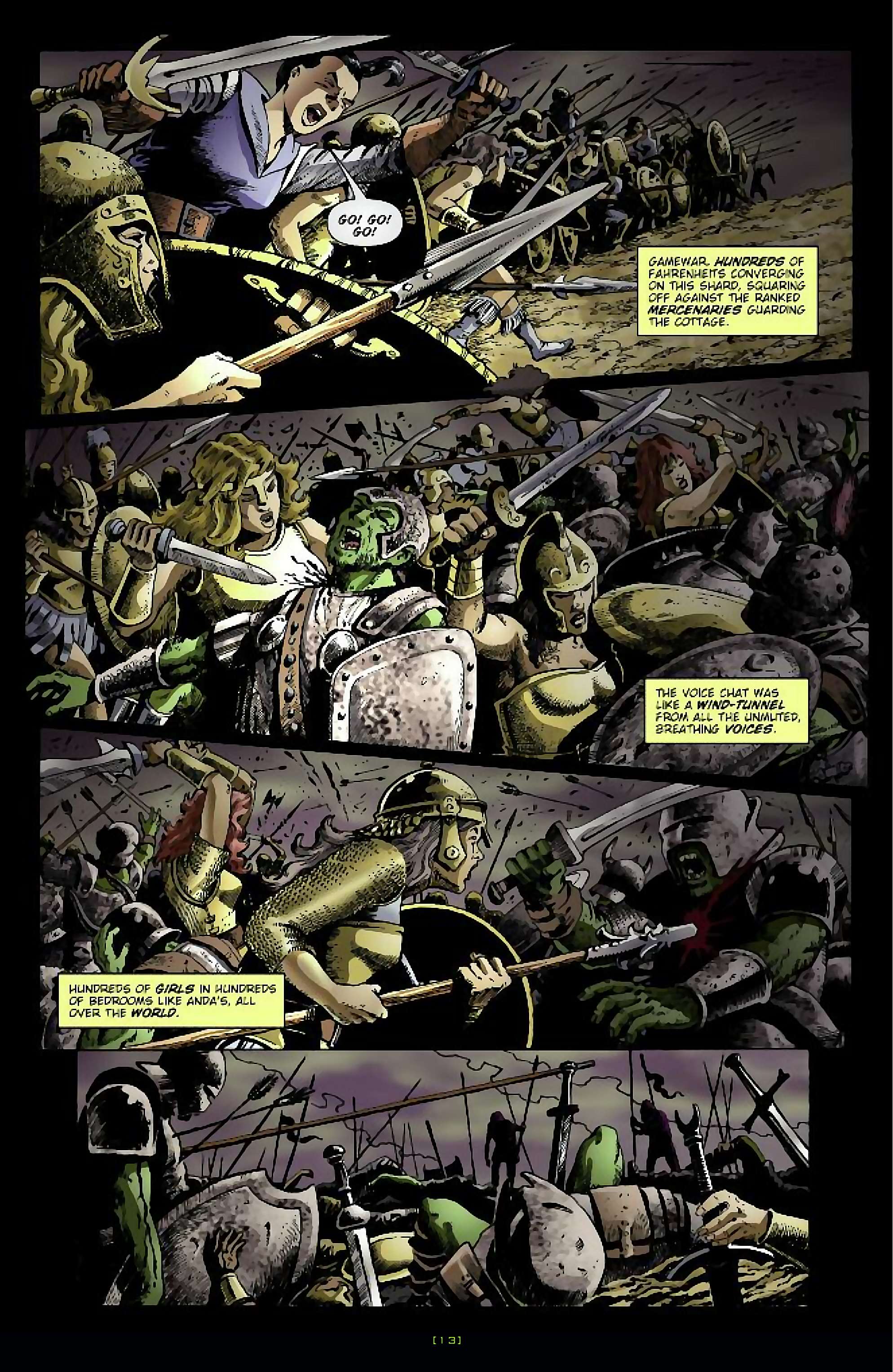 Cory Doctorow's Futuristic Tales of the Here and Now — Anda's Game, page 14. Story by Cory Doctorow. Adapted by Dara Naraghi, art by Esteve Polls, colors by Robert Studio, letters by Neil Uyetake, edited by Ted Adams. IDW Publishing. CC BY-NC-SA 3.0 US.